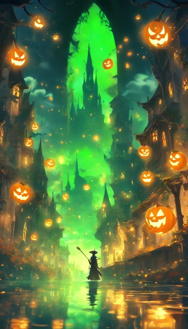 Halloween Floating Lights, Light and reflection in the film, glowing lights, Intermediate elements of the metaverse，Digital Painting, Bright Reflections, reflect, Halloween Jack-o'-lantern, Quiet night, Digital Illustration, lovely atmosphere, Skylight at night, Quiet atmosphere at night, Jack-o'-lantern, Halloween, it is night, Temon, The game scene, Halloween, Surrounded by clouds, Buildings in medieval Europe, Enamel Tile, ue, beautifuly color, There are three arches in the foreground((Tinted Ink)), ( (Splashing ink ) ), ((Splashing ink) inky})), tmasterpiece, High career, graphics beautiful, high details,magnifica, E-Cro, Church Towers, Green Lasers