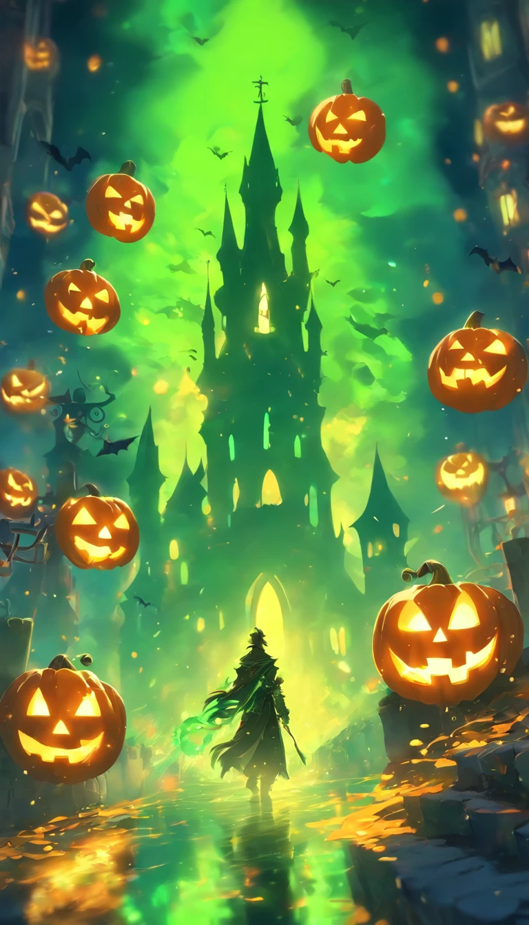 Halloween Floating Lights, Light and reflection in the film, glowing lights, Intermediate elements of the metaverse,Digital Painting, Bright Reflections, reflect, Halloween Jack-o'-lantern, Quiet night, Digital Illustration, lovely atmosphere, Skylight at night, Quiet atmosphere at night, Jack-o'-lantern, Halloween, it is night, Temon, The game scene, Halloween, Surrounded by clouds, Buildings in medieval Europe, Enamel Tile, ue, beautifuly color, There are three arches in the foreground((Tinted Ink)), ( (Splashing ink ) ), ((Splashing ink) inky})), tmasterpiece, High career, graphics beautiful, high details,magnifica, E-Cro, Church Towers, Green Lasers