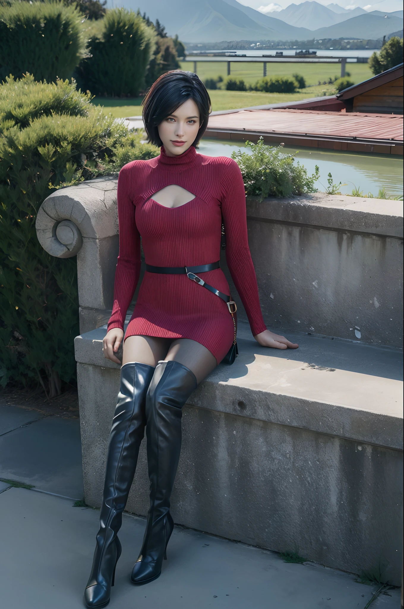 Ada_re4, (sitting),(beautiful face:1.5), 1girl,black hair, short hair, red dress, belt, black thigh boots,  ((full body)),(realistic:1.7),((best quality)),absurdres,(ultra high res),(photorealistic:1.6),photorealistic,octane render,(hyperrealistic:1.2), (photorealistic face:1.2), (8k), (4k), (Masterpiece),(realistic skin texture), (illustration, cinematic lighting,wallpaper),( beautiful eyes:1.2),((((perfect face)))),(cute),((looking at viewer)), outdoors, houses, flowers paths, mountains, lake, dock,