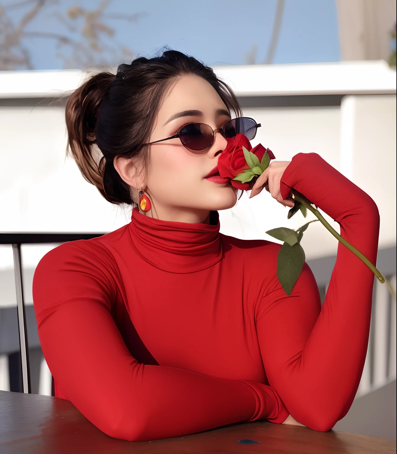 Mulher de Araffe em gola alta vermelha segurando uma rosa em sua boca, (((cabelo loiro))), wearing a red turtleneck sweater, terno de corpo vermelho, rosas vermelhas no topo, rosa vermelha, usando uma roupa vermelha, tudo vermelho, Meio rosa, Cor vermelha dominante, rosas vermelhas, vermelho, roupas vermelhas, apenas com vermelho, rosas neon vermelhas, vestindo roupas vermelhas