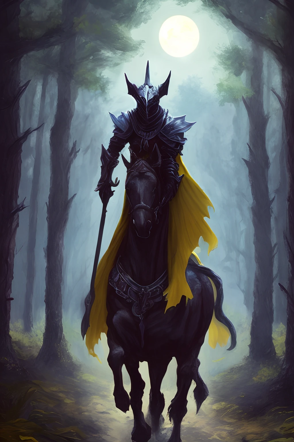 Black cloaked ghostly knight with bright yellow eyes rides black demonic horse in armor in a dark forest