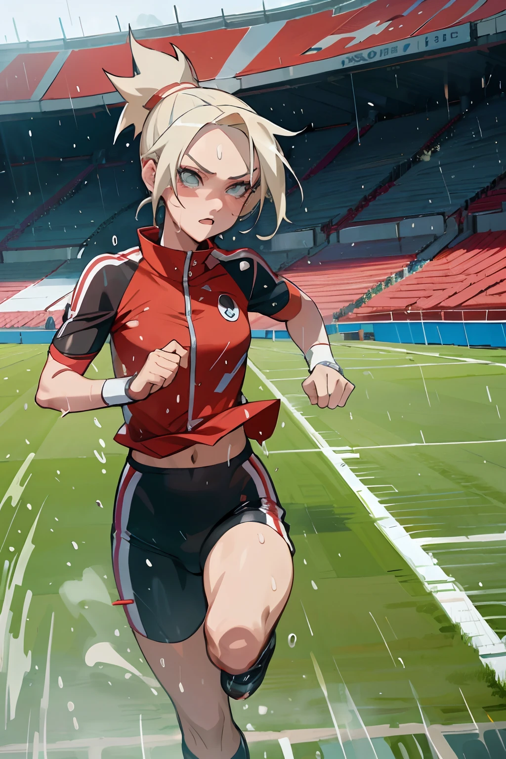 Ino from naruto shippuden, wearing extrem thin sport suit, running in stadium, sweaty body detail, rainy day