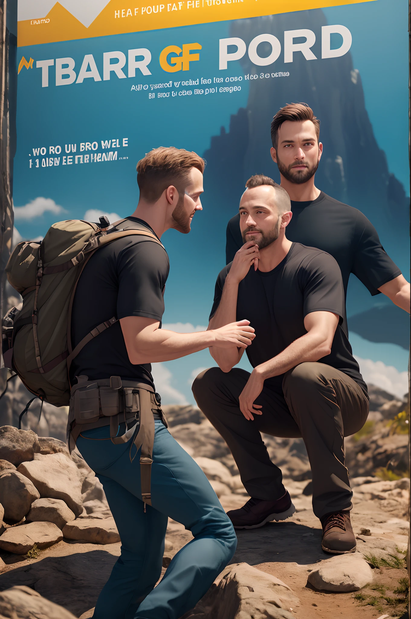 Poster 3d estilo Disney/pixar capturando uma foto de um homem de 30 anos careca calvo de barba curta, with black t-shirt and trekking pants and boots, talking to another Jesus-looking man. Em uma igreja.