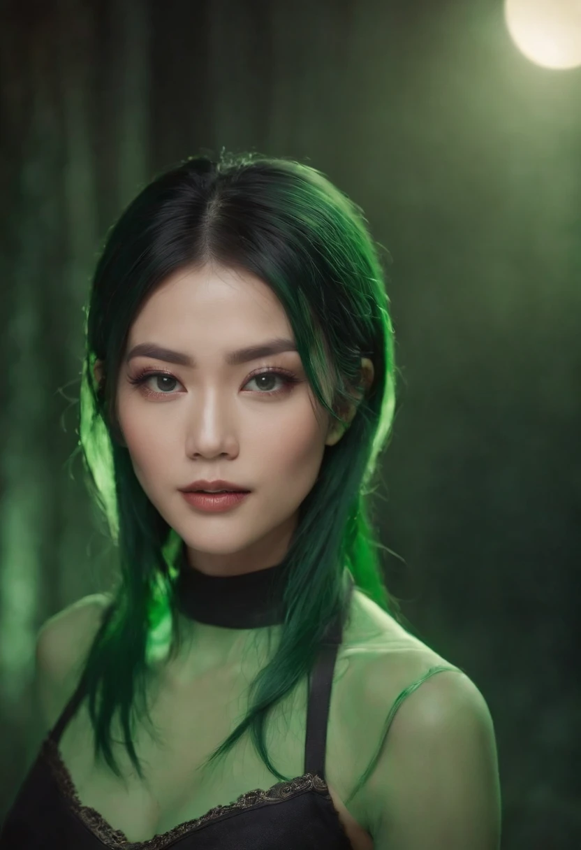 (high quality,realistic:1.2),alien,green skin,dark green hair,sharp fangs,asian eyes,turtleneck attire,strong physique,glowing patterns,dimly lit background