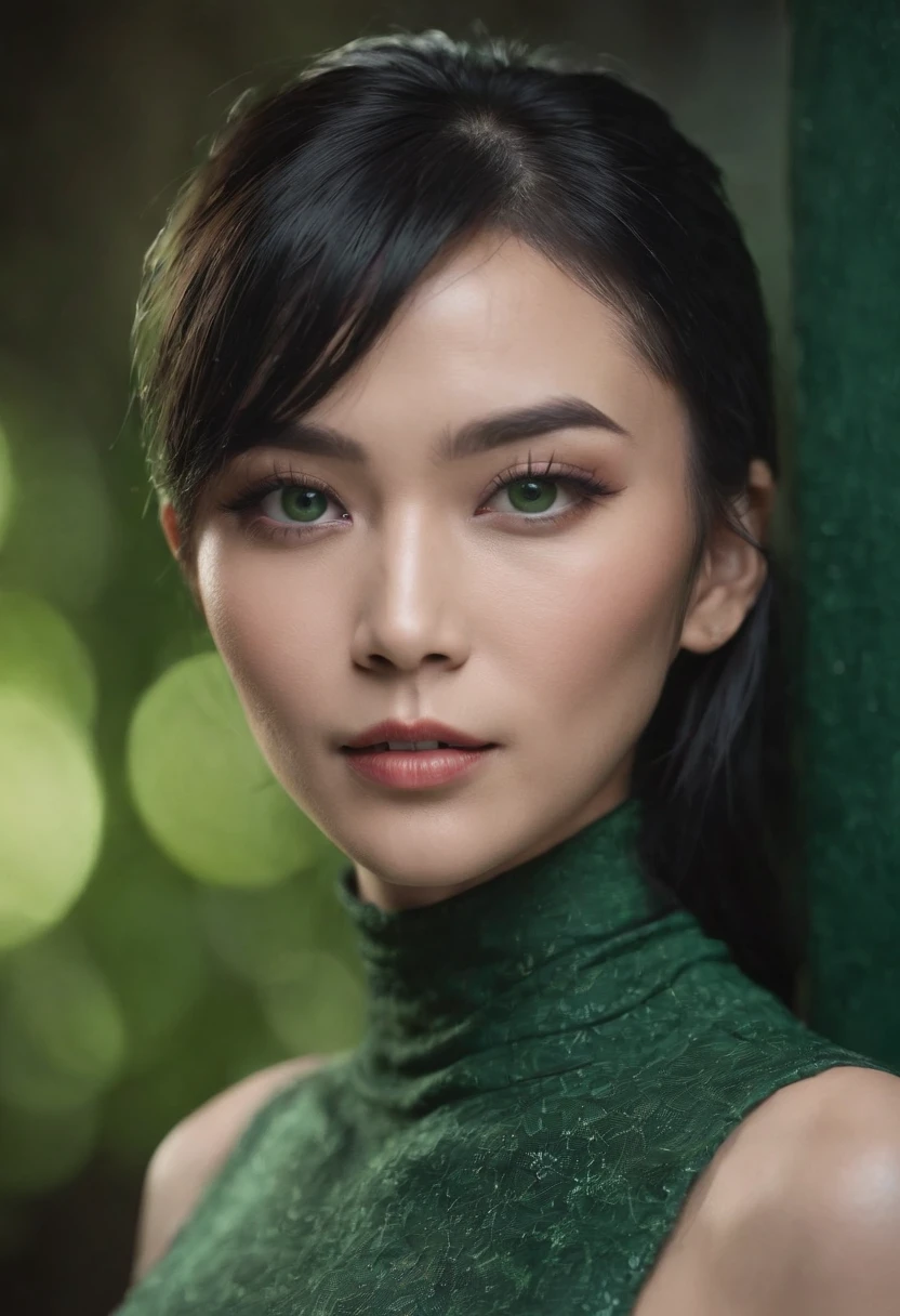 (high quality,realistic:1.2),alien,green skin,dark green hair,sharp fangs,asian eyes,turtleneck attire,strong physique,glowing patterns,dimly lit background