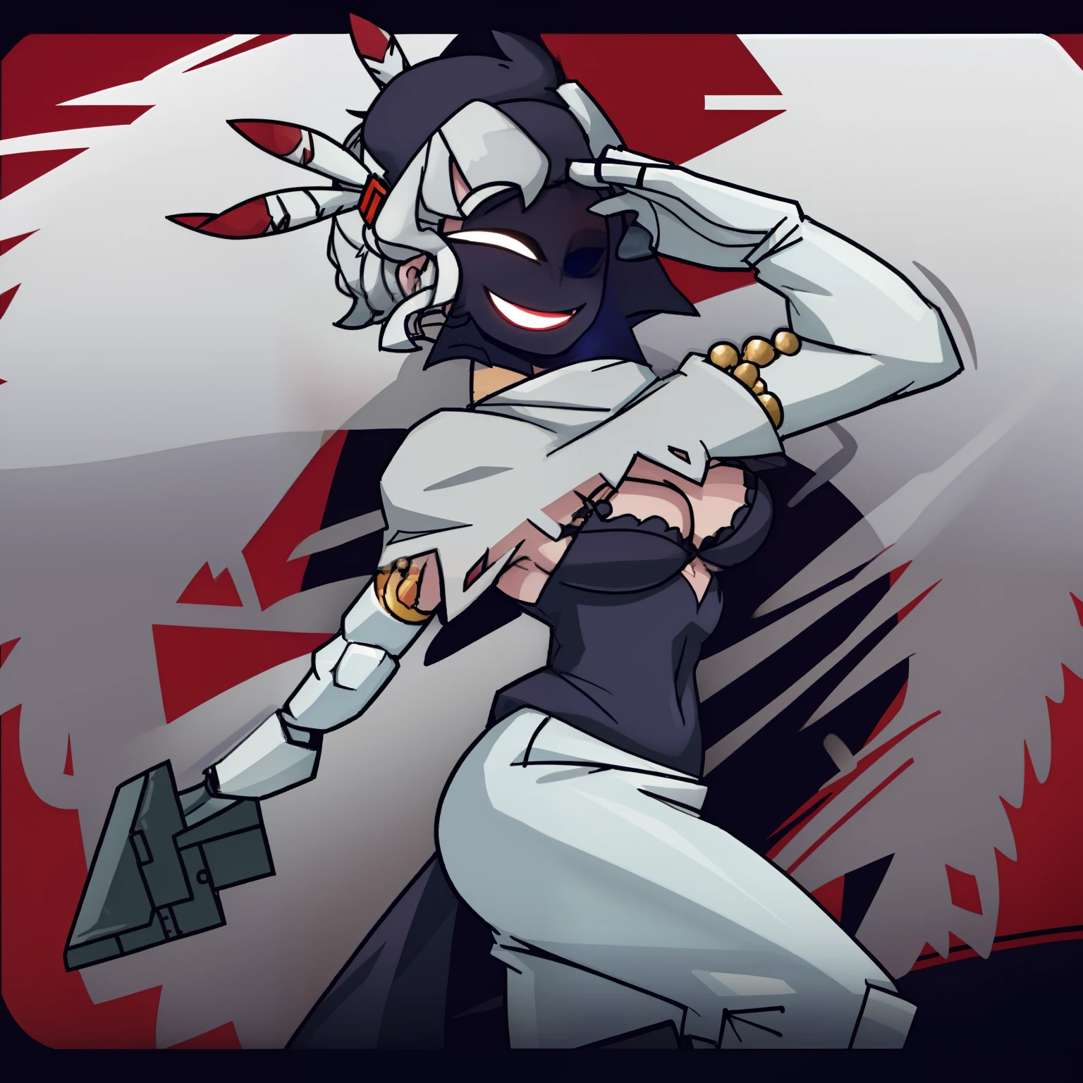2d, masterpiece, best quality, highly detailed eyes, highly detailed face, cowboy shot, feet out of frame, 1girl, solo, standing, black background, red background, helltaker, azazel \(helltaker\), white shirt, white pants, gold trim, halo, angel, black hair, short hair, white ribbon, hair ribbon, light blue eyes, looking at viewer, smile, open mouth, hand on own face, straight-on