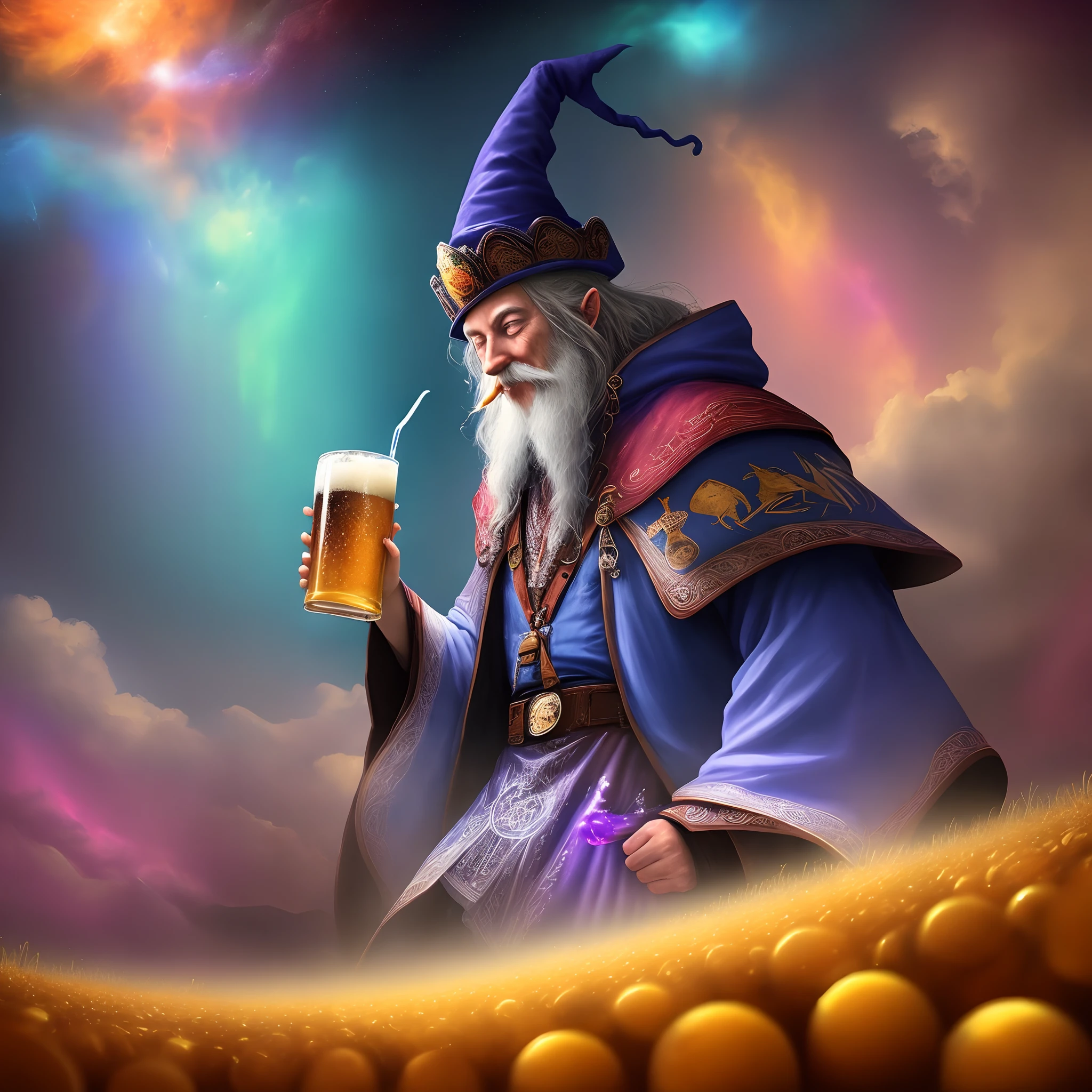 Magical fantasy wizard in a trippy acid world drinking a miller lite beer