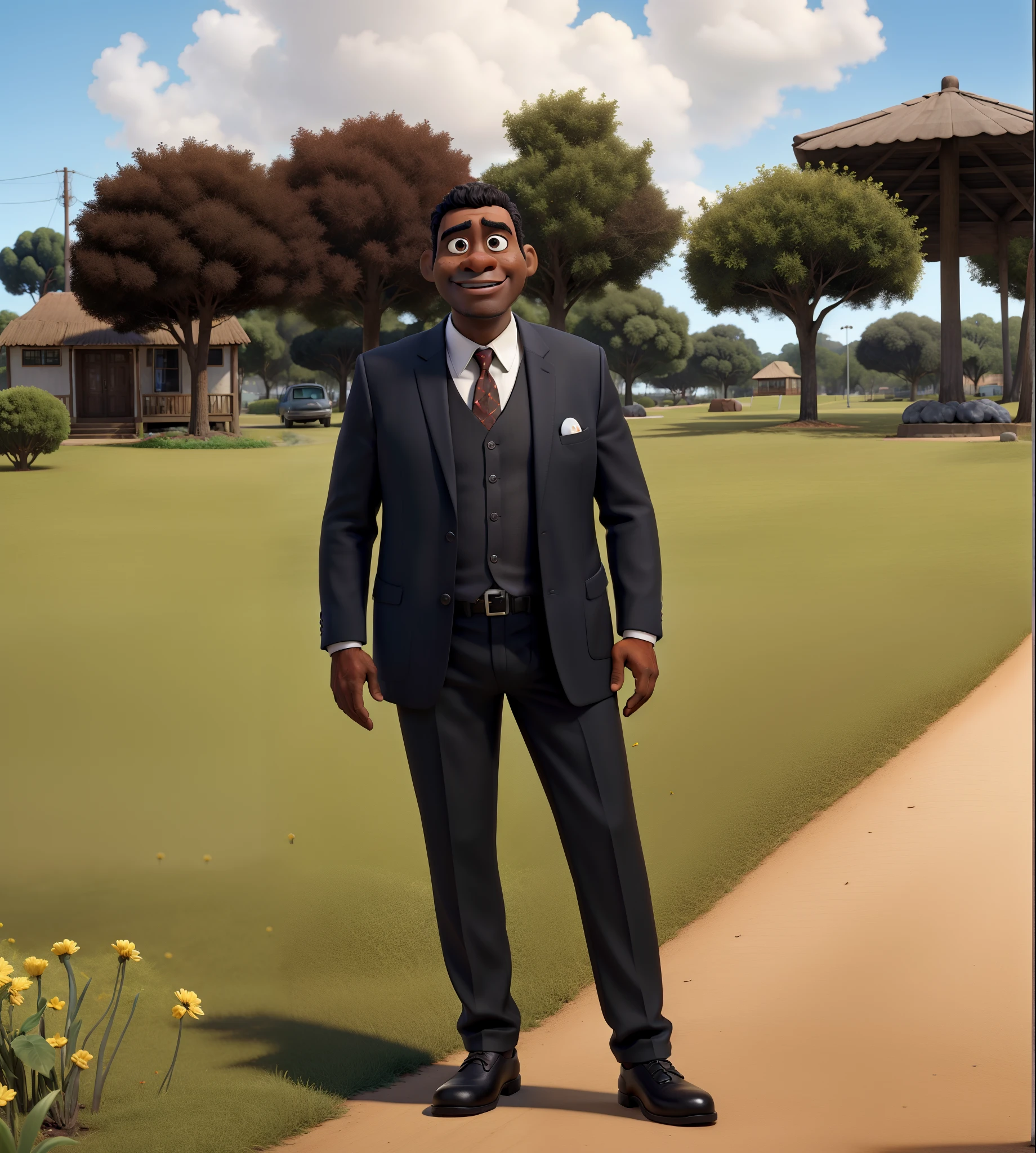 Um homem negro advogado em um tribunal com um poster estilo Pixar e Disney