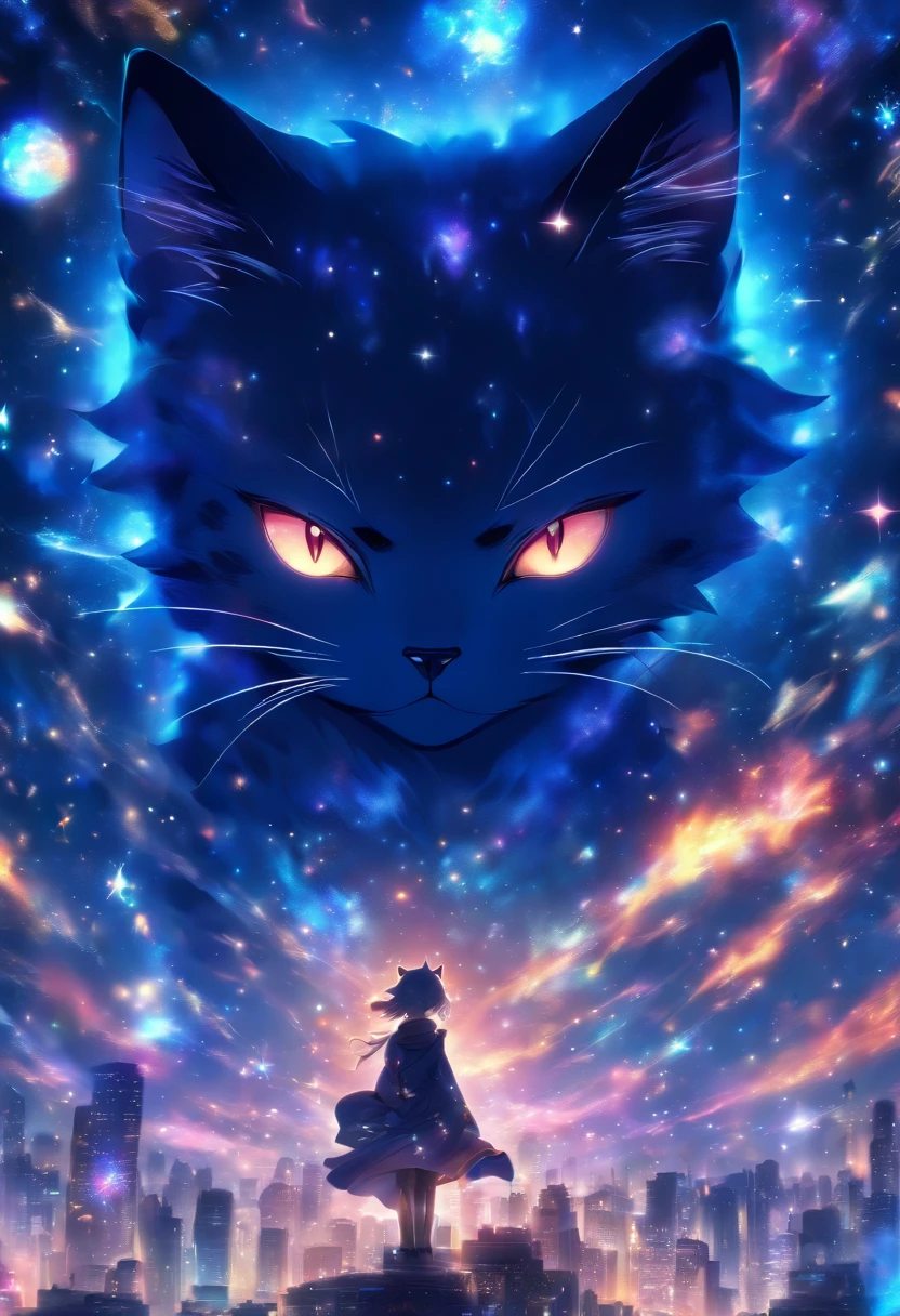 High quality, Ultra detailed, Masterpiece, intricately details, Ultra photo realsisim, Cinematic, Ultra HD 8K, The face behind the camera, Head facing the camera, Arch towards the camera, constellation, cat, Wonder, Fantastic, Extremely detailed,8K wallpaper, Masterpiece, Best quality, Ultra-detailed, Best illumination, Best shadow