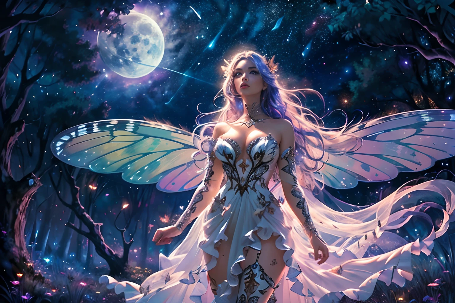 a picture of an exquisite beautiful female fairy standing under the starry night sky at the forest, dynamic angle (ultra detailed, Masterpiece, best quality), ultra detailed face (ultra detailed, Masterpiece, best quality), ultra feminine, fare skin, azure hair, wavy hair, dynamic eyes color, glowing eyes, intense eyes, red lips, wearing white dress, elegant silk dress (ultra detailed, Masterpiece, best quality), butterfly wings (ultra detailed, Masterpiece, best quality), wearing high heeled boots, sky full of stars background, moon, beat details, best quality, 8k, [ultra detailed], masterpiece, best quality, (ultra detailed), full body, ultra wide shot, photorealism, fantasy art,  Larry Elmore style,