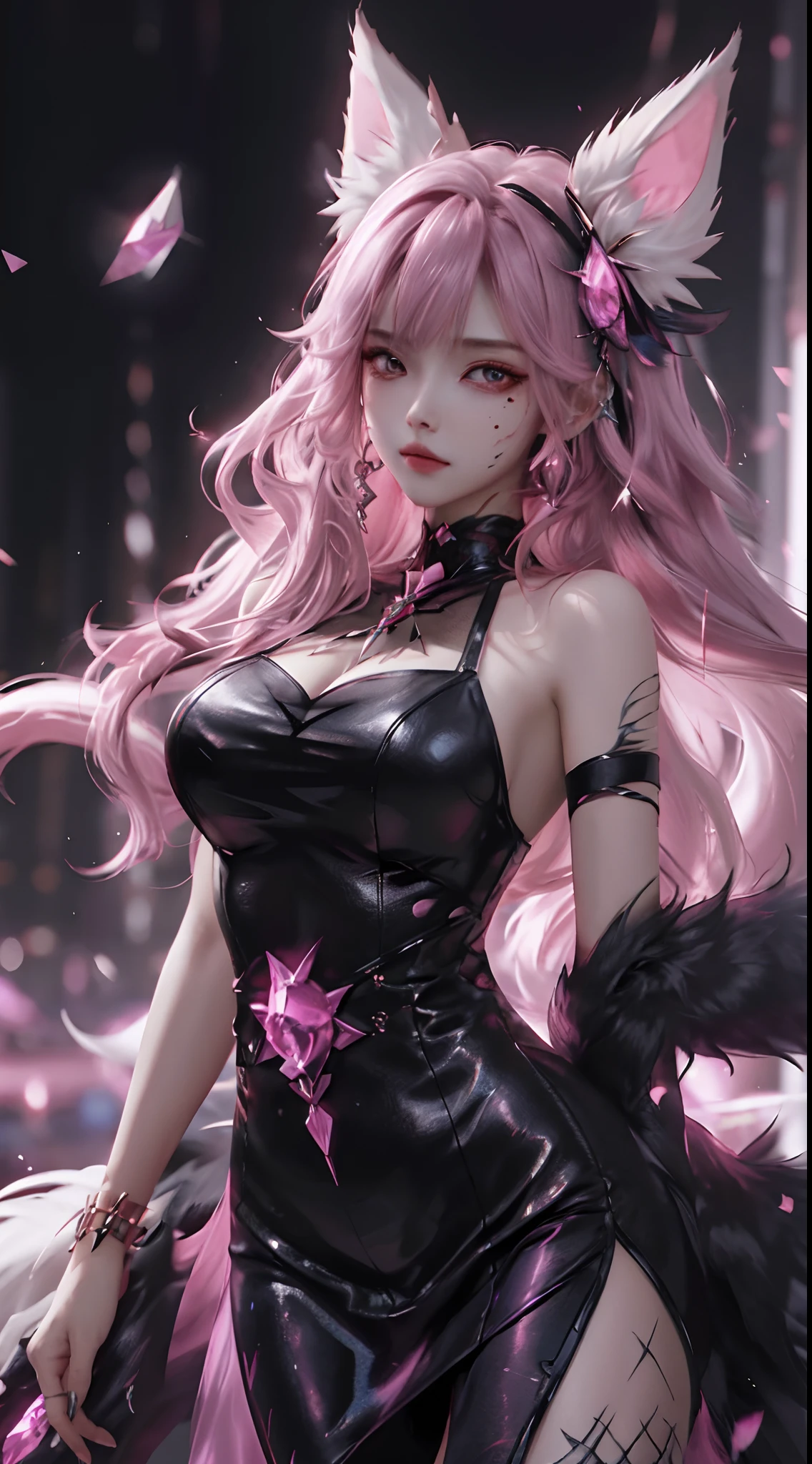 Ultra HD, 8K quality, A girl, Pink Long Hair, Pink dark blur dress, Detailed eyes, Unreal Engine 5,There are tear moles in the corners of the eyes,Beautiful blackening,Confuse sentient beings,Seductive,fox spirit