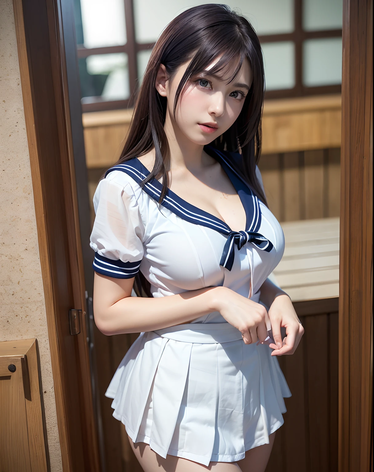 (8K,Realistic, Tabletop, Highest quality, RAW Photos:1.3)、One Girl, 18-year-old,alone,high school girl, Long Hair, Brown Hair, Beautiful face in every detail, Attractive face, (Beautiful brown eyes in every detail:1.2), Medium chest,(Underbust:1.0),(Covered nipples:0.99),(Loose Sailor Uniform :1.35), ( Slim beauty with perfect body: 1.4),( Seductive Pose:1.3), (View your viewers, Front view,Eyes focus:1.2), Detailed Background, (sunset:1.2), classroom,Fine details, Intricate details,  Ray Tracing, Depth of written boundary, Captivating smile,classroom,