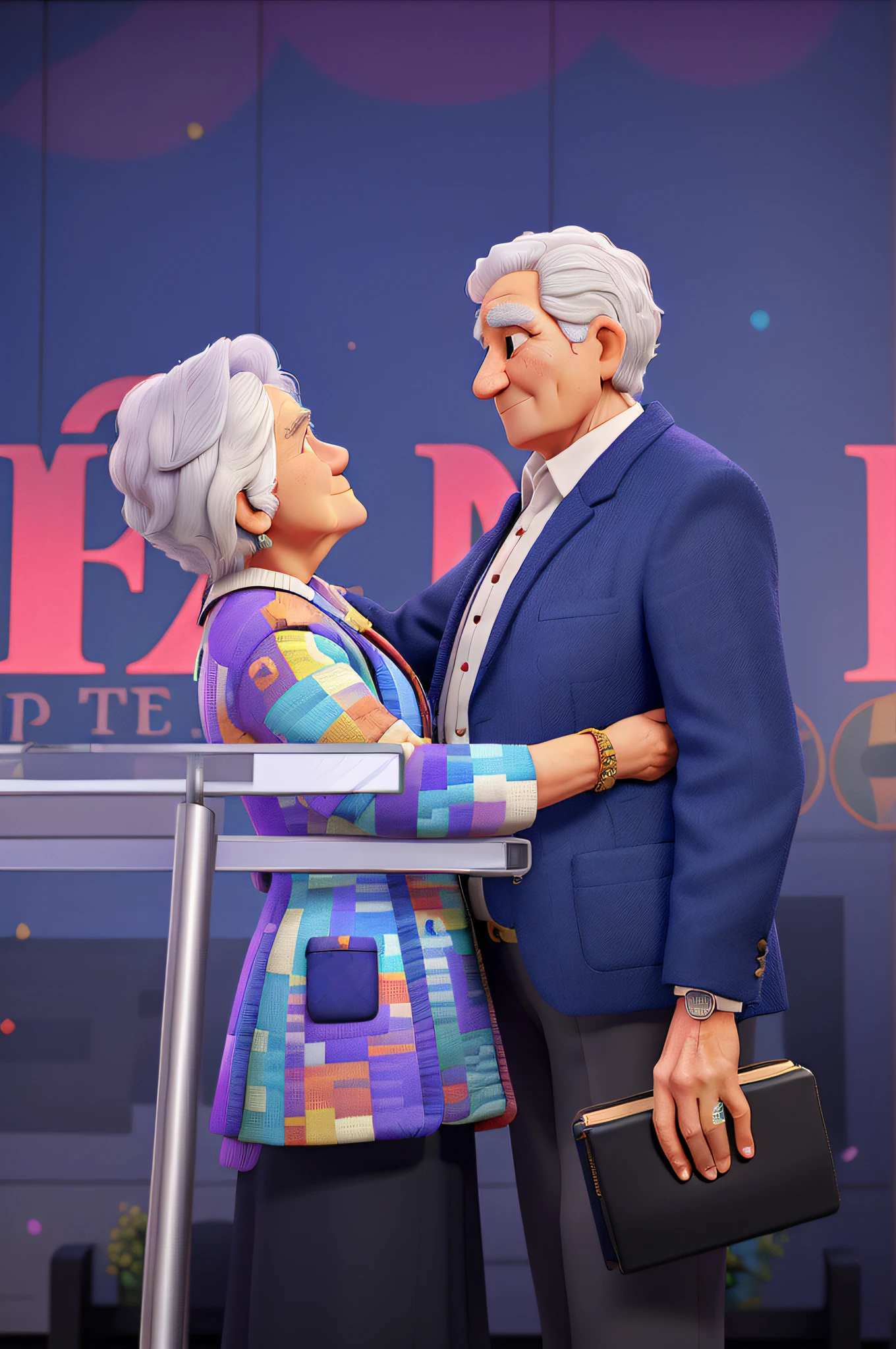 An old woman with short white hair in a multicolored blazer and big black skirt facing another man aged 50 years wearing a blue suit with blue pants holding a bible in her hand, both facing each other, hugging, both white skin color