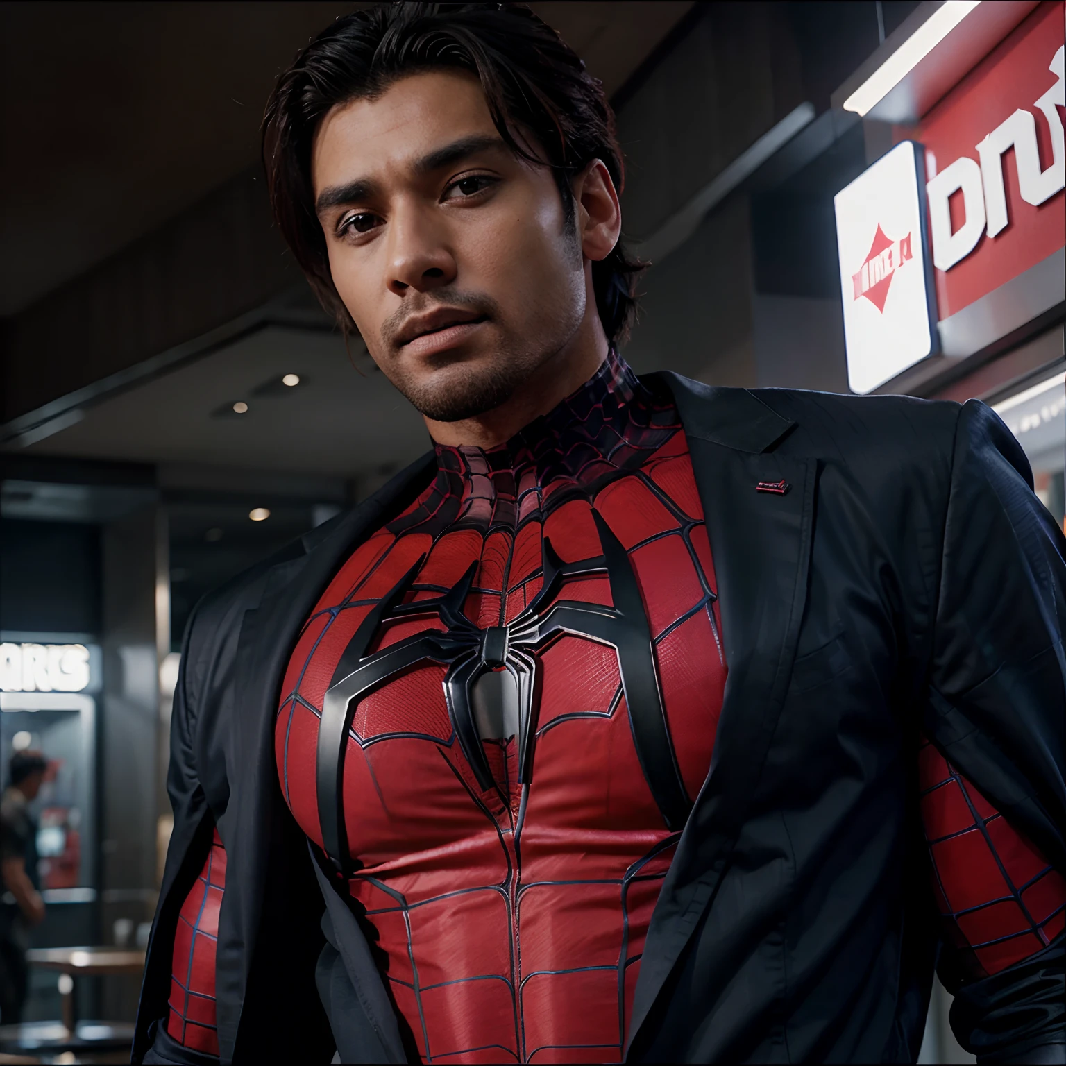 Miguel O’Hara chest exposed, suit torn, chest hair, Spider-Man 2099