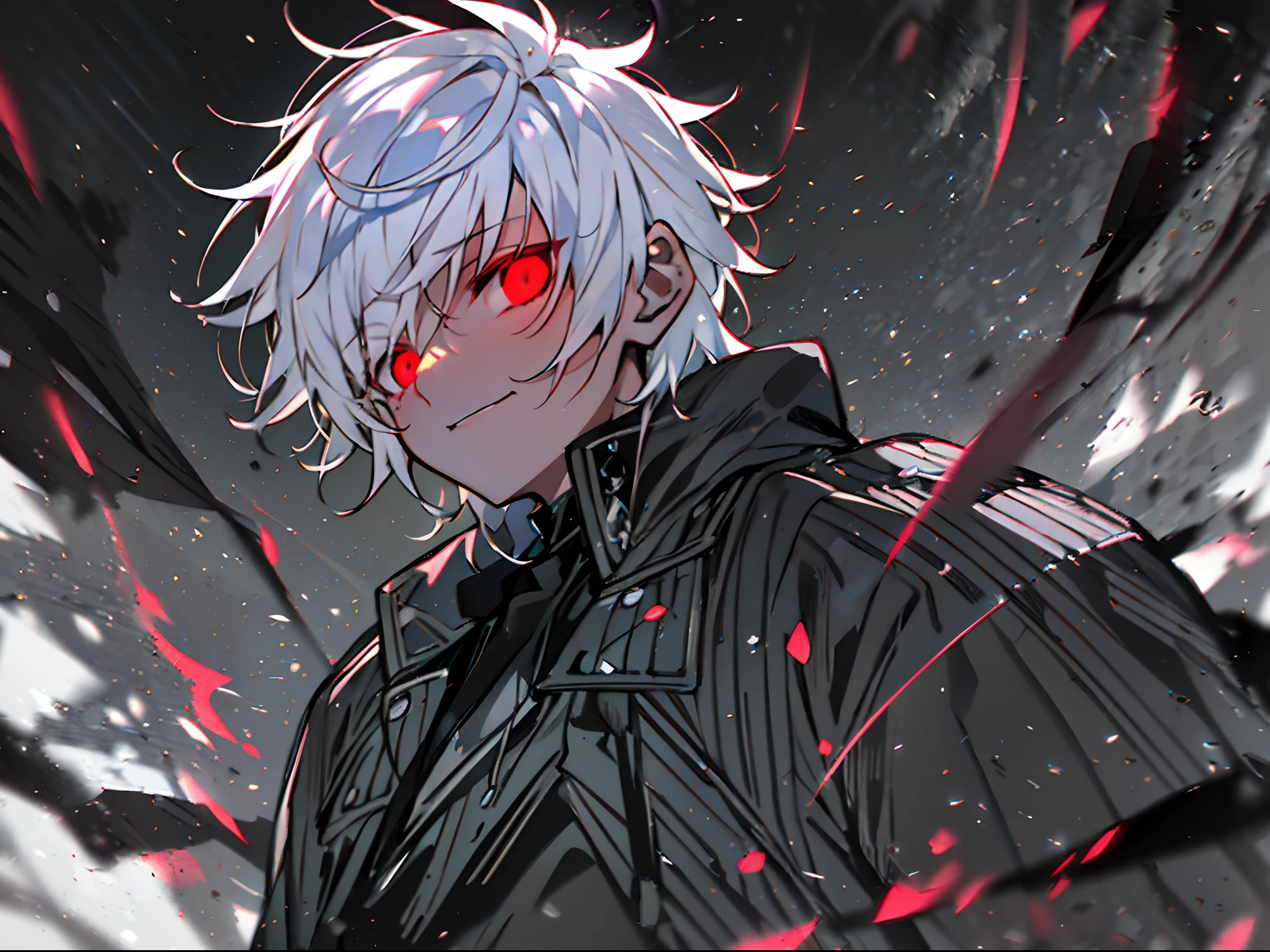 nffsw, Best Quality, masutepiece,Anime boy with white hair and red eyes staring at camera, Glowing red eyes,slim, dressed in a black outfit,Shadow Body,monochromes,hair messy,Farbe々Angle