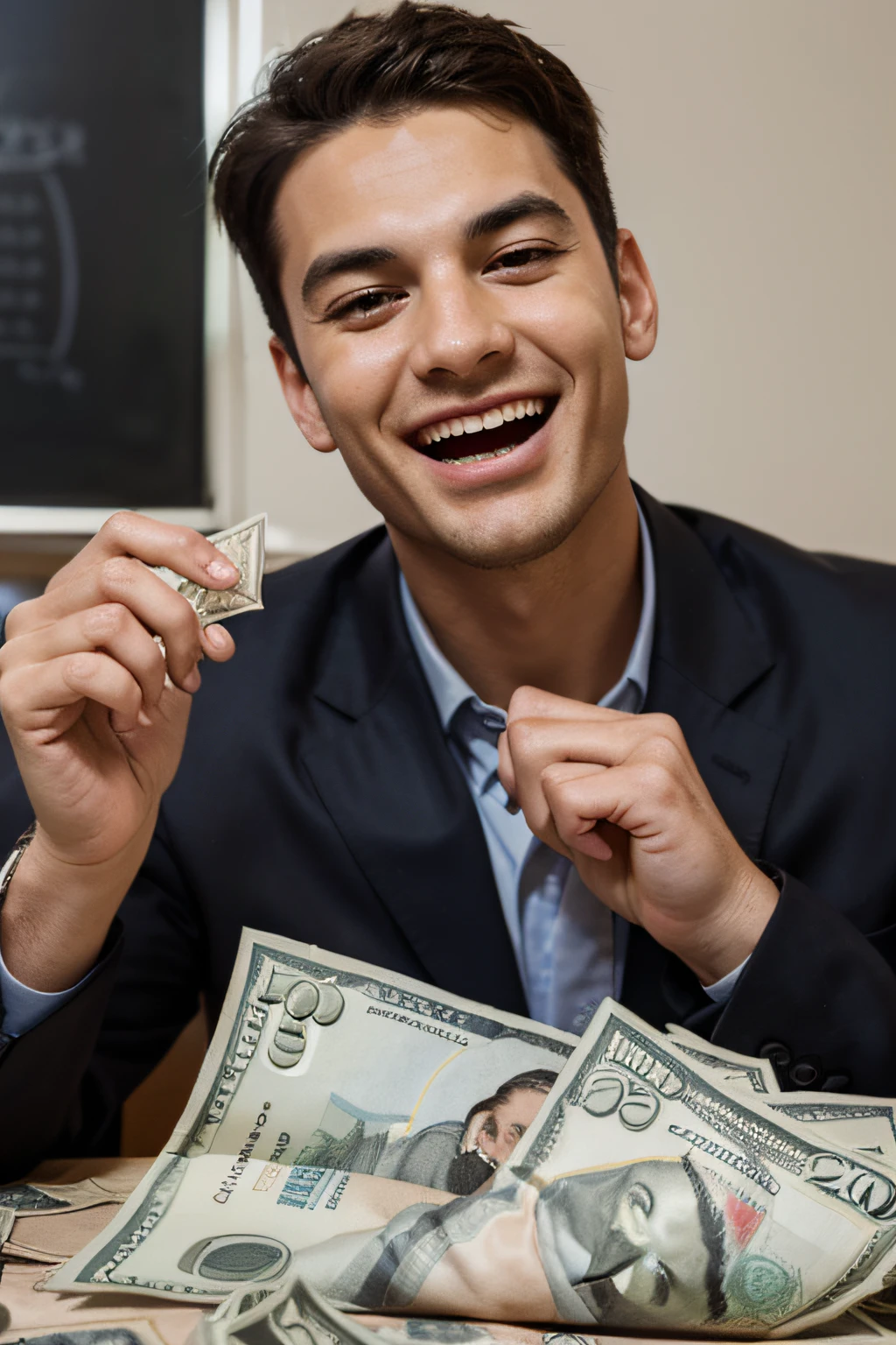 /imagine prompt: A new businessman counting $600 in crisp bills in just 15 minutes, their face showing amazement and joy as if he'd won the lottery.