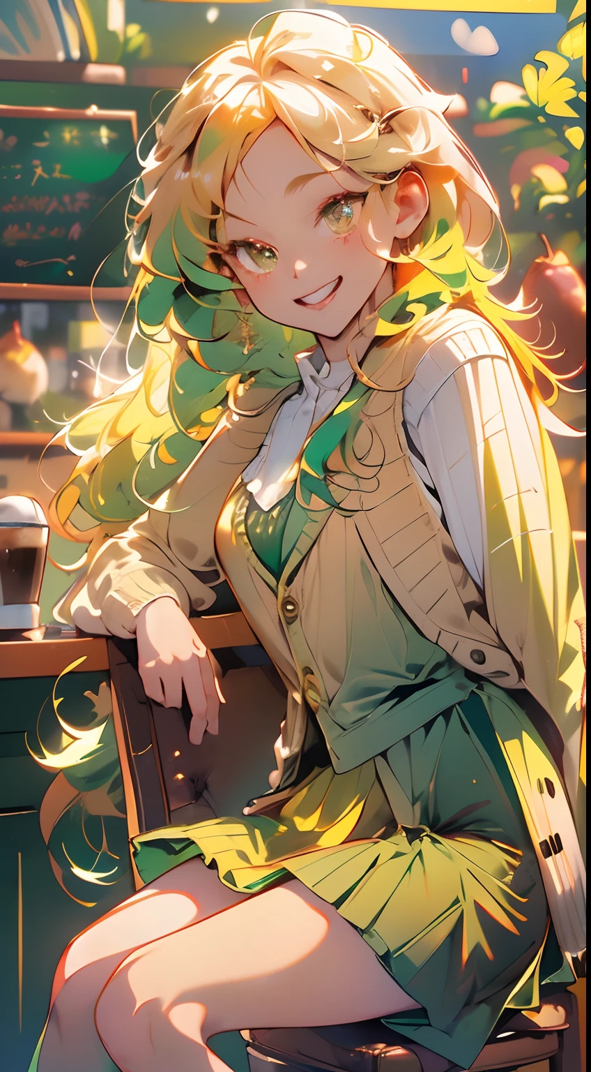 highres, ultra detailed, 1girl, solo, extremely detailed eyes, (Gold colored hair:1.5) , (straight waist-length gold hair:1.5) ,(Anti-flash white-colored eyes:1.5) , ulzzang , she is wearing a ((Viridian colored waistcoat outside:1.5)) , she wearing a ((  Kelly green colored cardigan inside:1.5)) ,((Pear colored pantskirt:1.5))  ,enjoy , relax ,healing  , focusing on the face  , (coffee store at morning background:1.5) ,small crowd  ,look at viewer , (sitting on a chair),smile