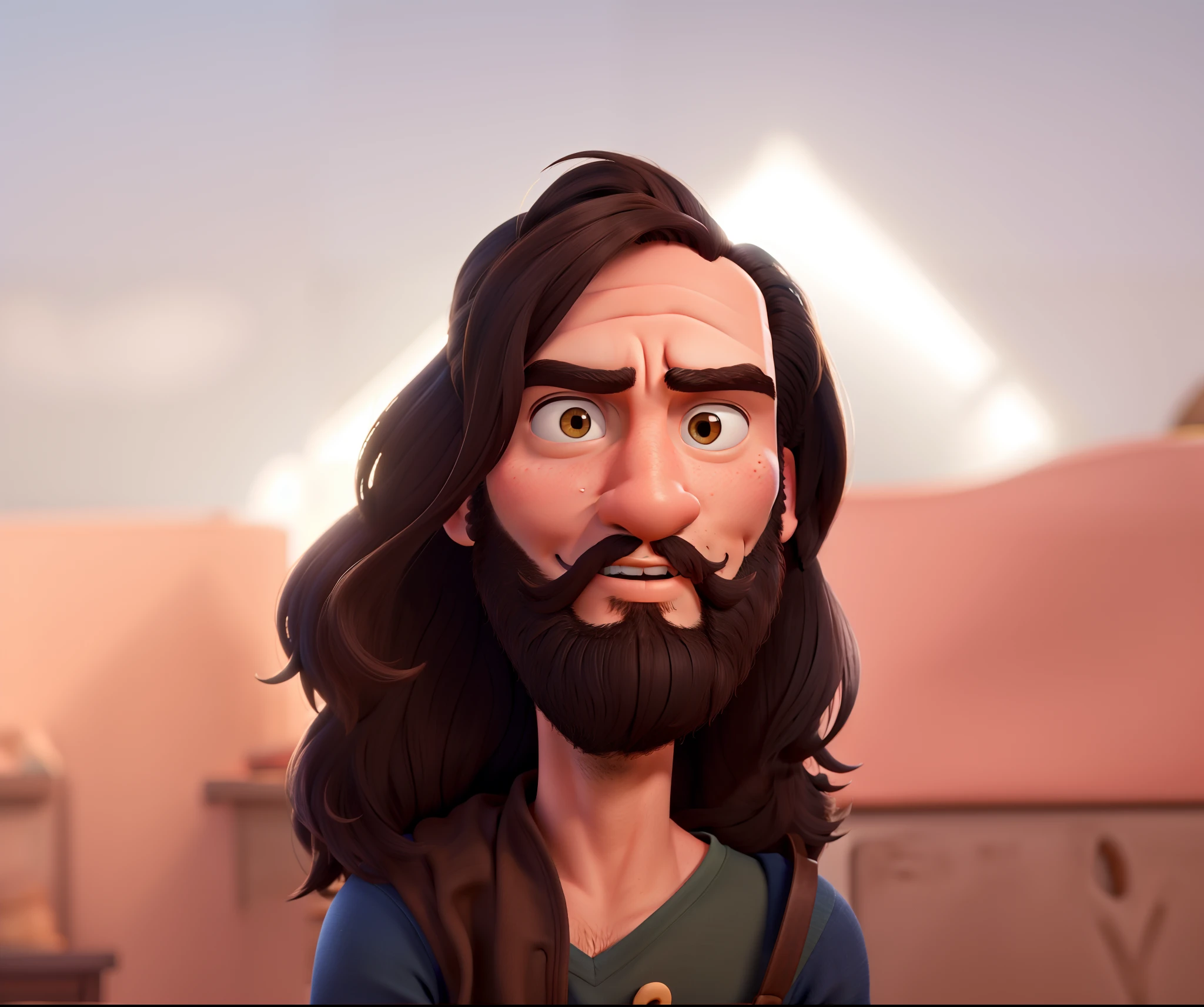estilo disney pixar, homem jovem com cabelo comprido e barba
