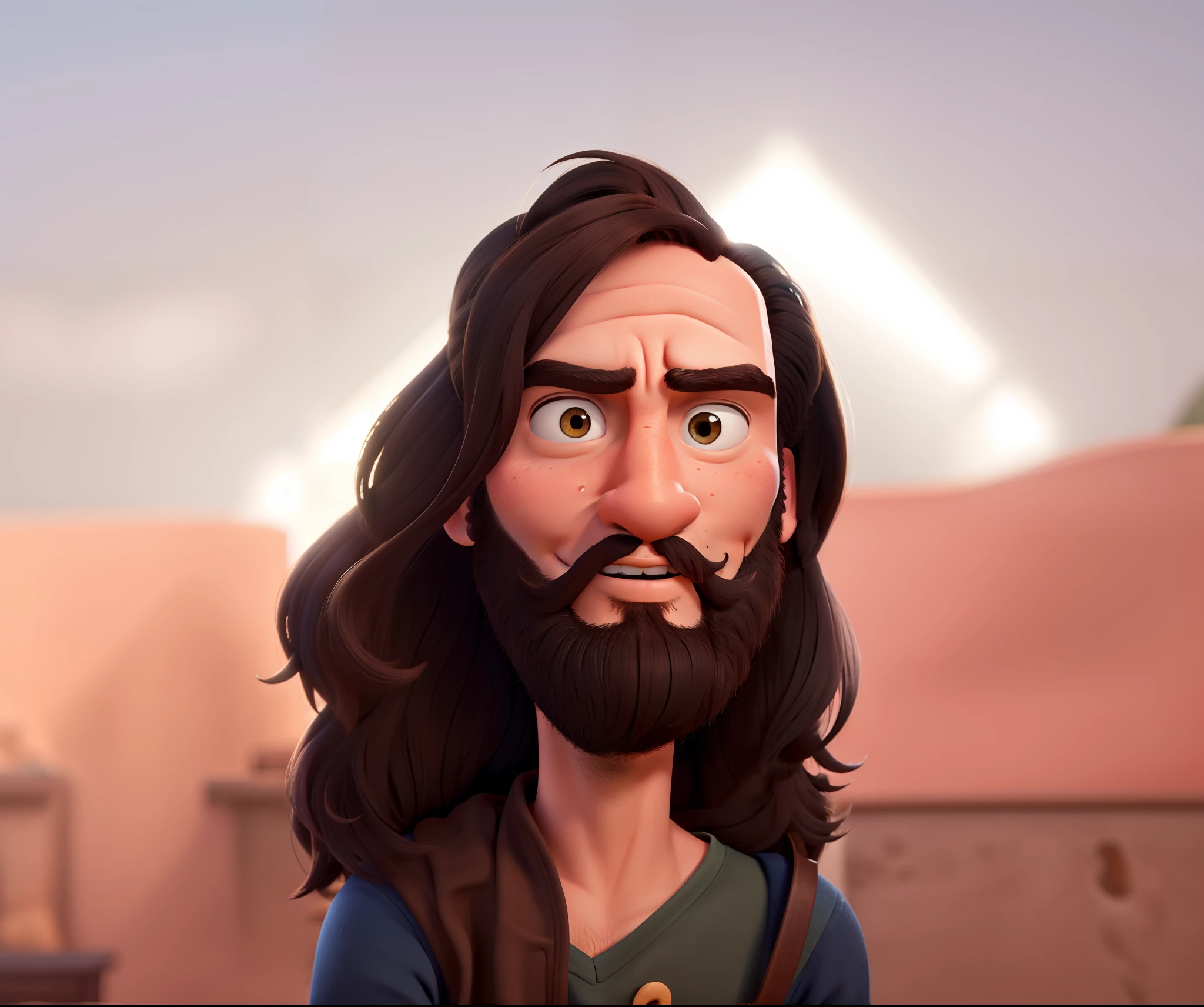 estilo disney pixar, homem jovem com cabelo comprido e barba