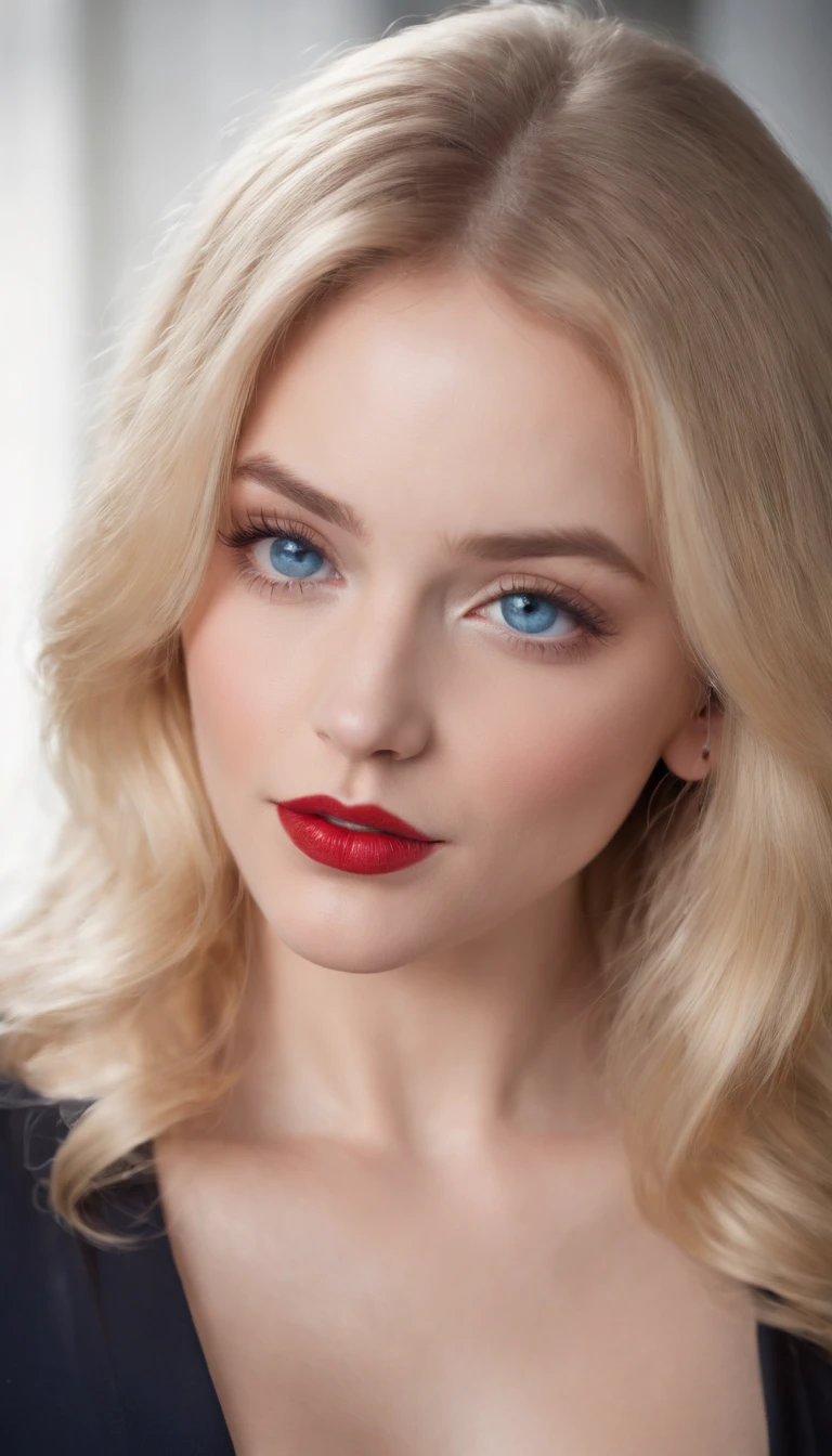 Shy young model with blue eyes, red lips, blonde hair, ample cleavage, photo from the chest up, chin down, eyes up, biting lower lip