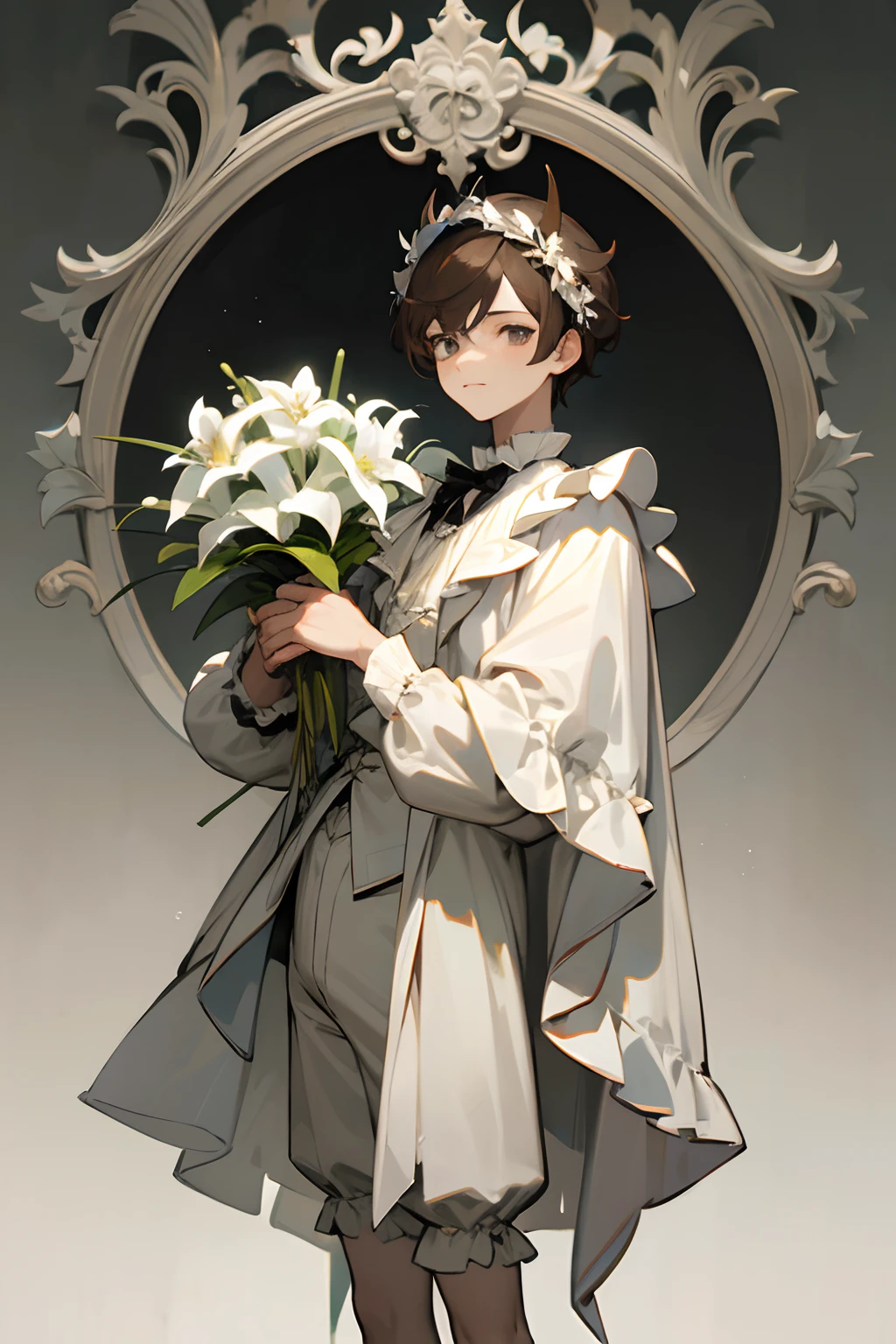 1 boy, brown hair, light gray eyes, white gothic Victorian outfit, concept art, magical, lily flower crown, ruffles, shorts, handsome, pretty boy
