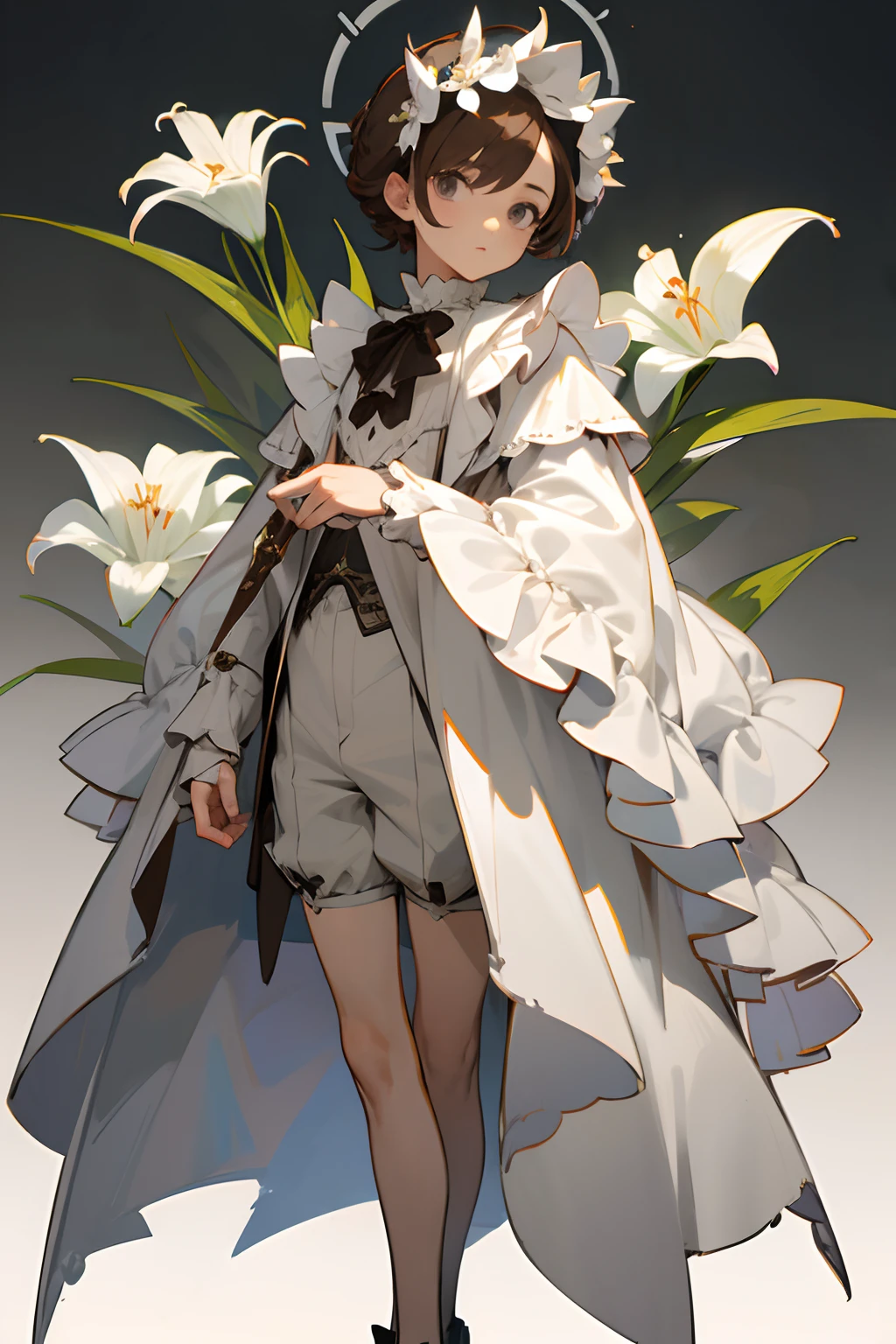 1 boy, brown hair, light gray eyes, white gothic Victorian outfit, concept art, magical, lily flower crown, ruffles, shorts, handsome, pretty boy