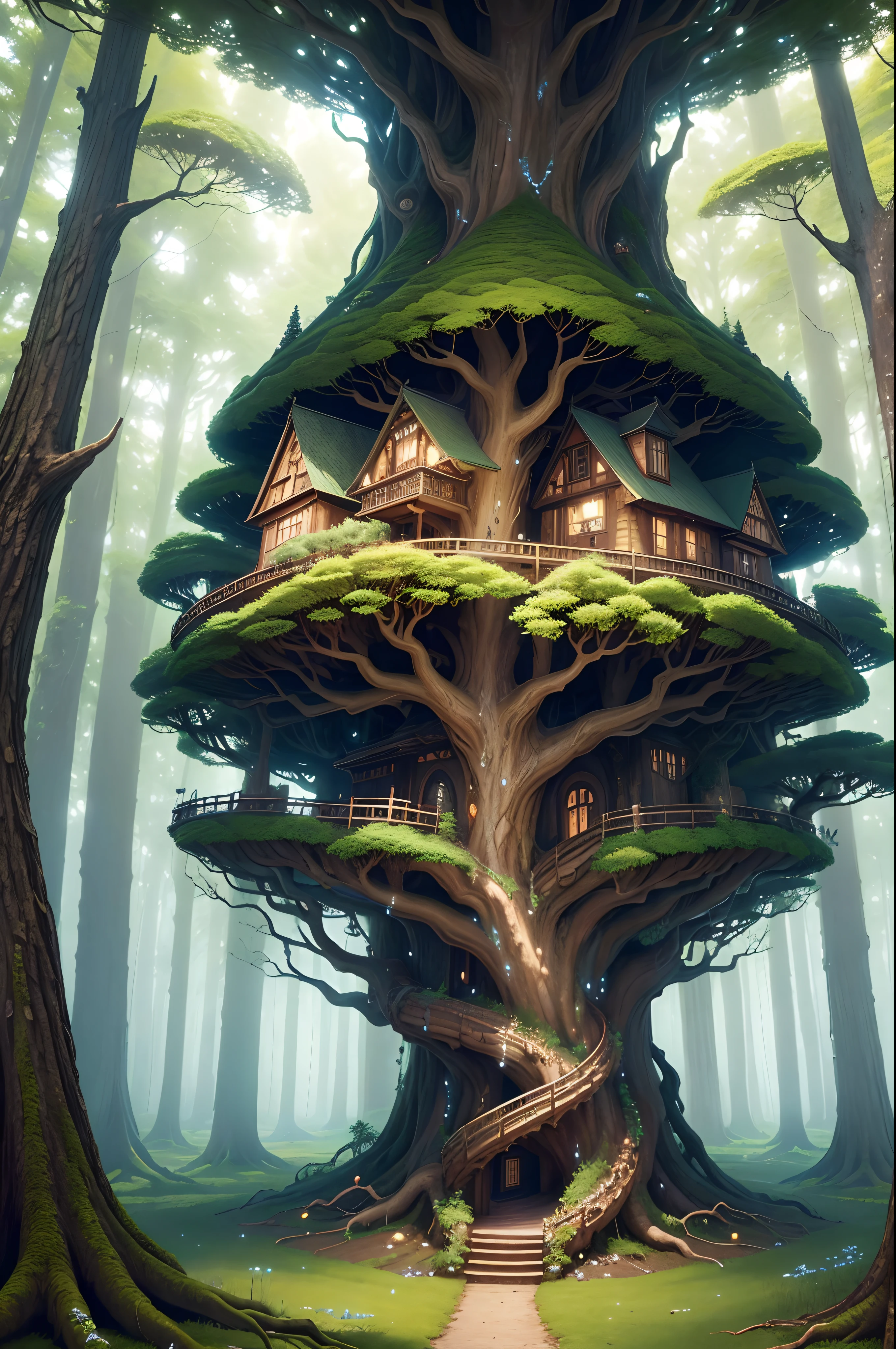 Masterpiece, top quality, best quality, official art, beautiful and aesthetic:1.2, extreme detailed, (fractal art:1.3) Hidden within the ancient boughs of a colossal tree in an enchanted forest, the Elven Treehouse Retreat offers a tranquil and graceful abode. Its elegant design is harmonious with nature, and the song of the forest is your lullaby