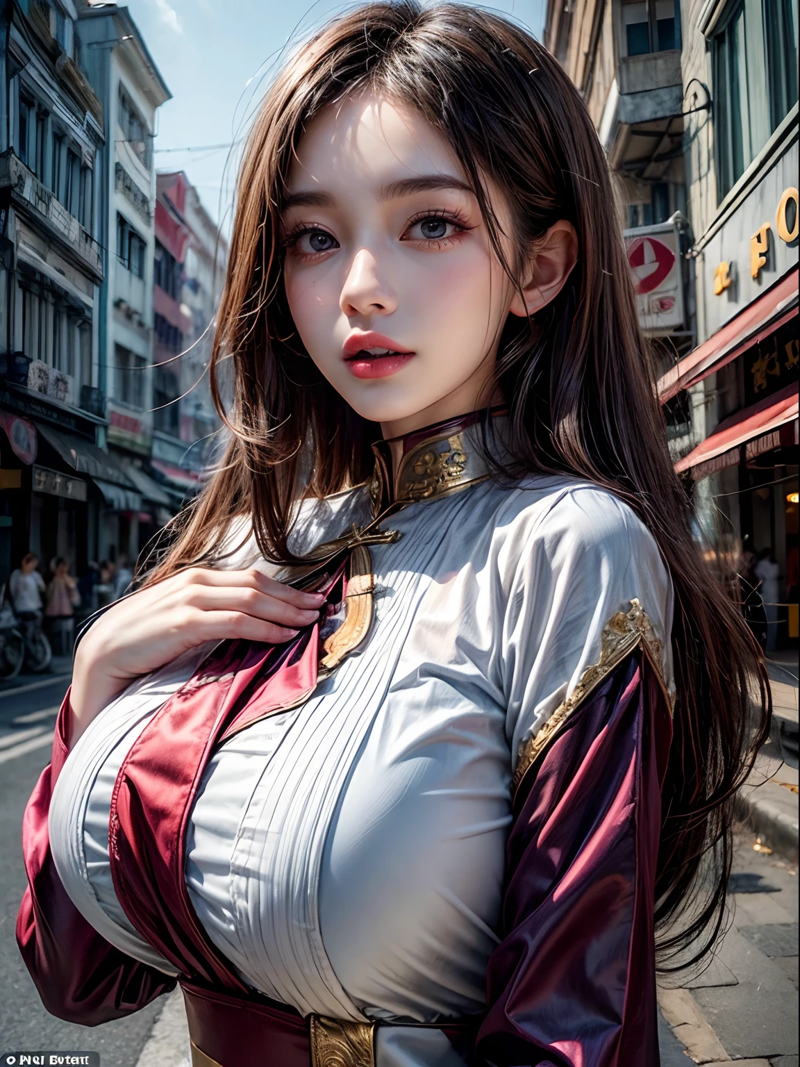 (((Make your bigger))), Downtown Vietnam, Hair is a medium outward splash, Place your right hand on your chest, Change into an ao dai