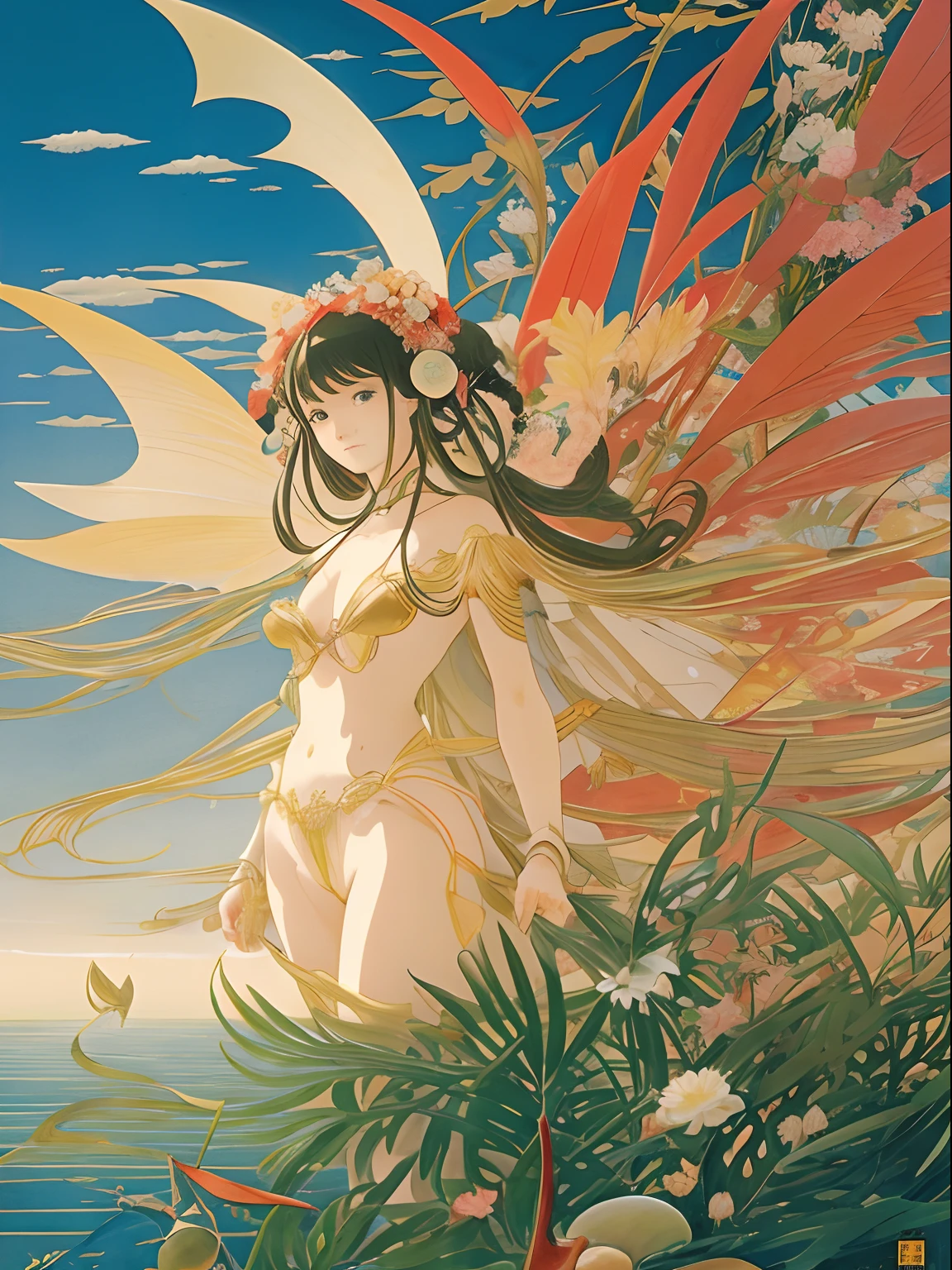 Mitsumasa Anno, Richard Dadd, Surreal, mysterious, strange, fantastical, fantasy, sci-fi, Japanese anime, picking up the shells of your heart, a journey to live your own time, a palm full of happiness, beautiful innocent girl, sexy erotic perfect body, detailed masterpiece