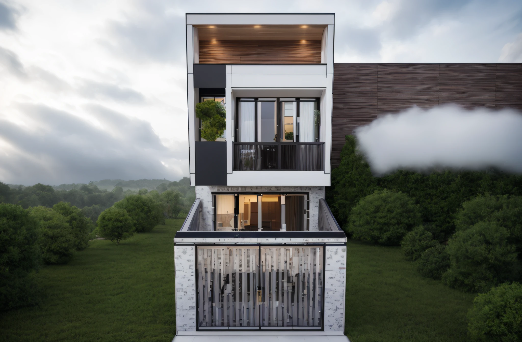 modernvilla, fully tiled, white and wood colour, trees, vine, architecture, building, cloud, vivid colour, masterpiece,best quality,super detailed,realistic,photorealistic, 8k, sharp focus, a photo of a buildinga photo of a building