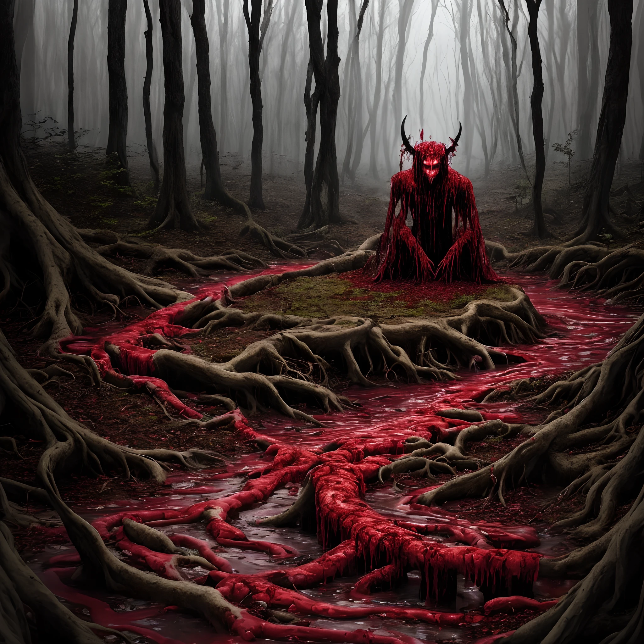 A demon made of blood in a forest trapped by roots in a river of blood.
