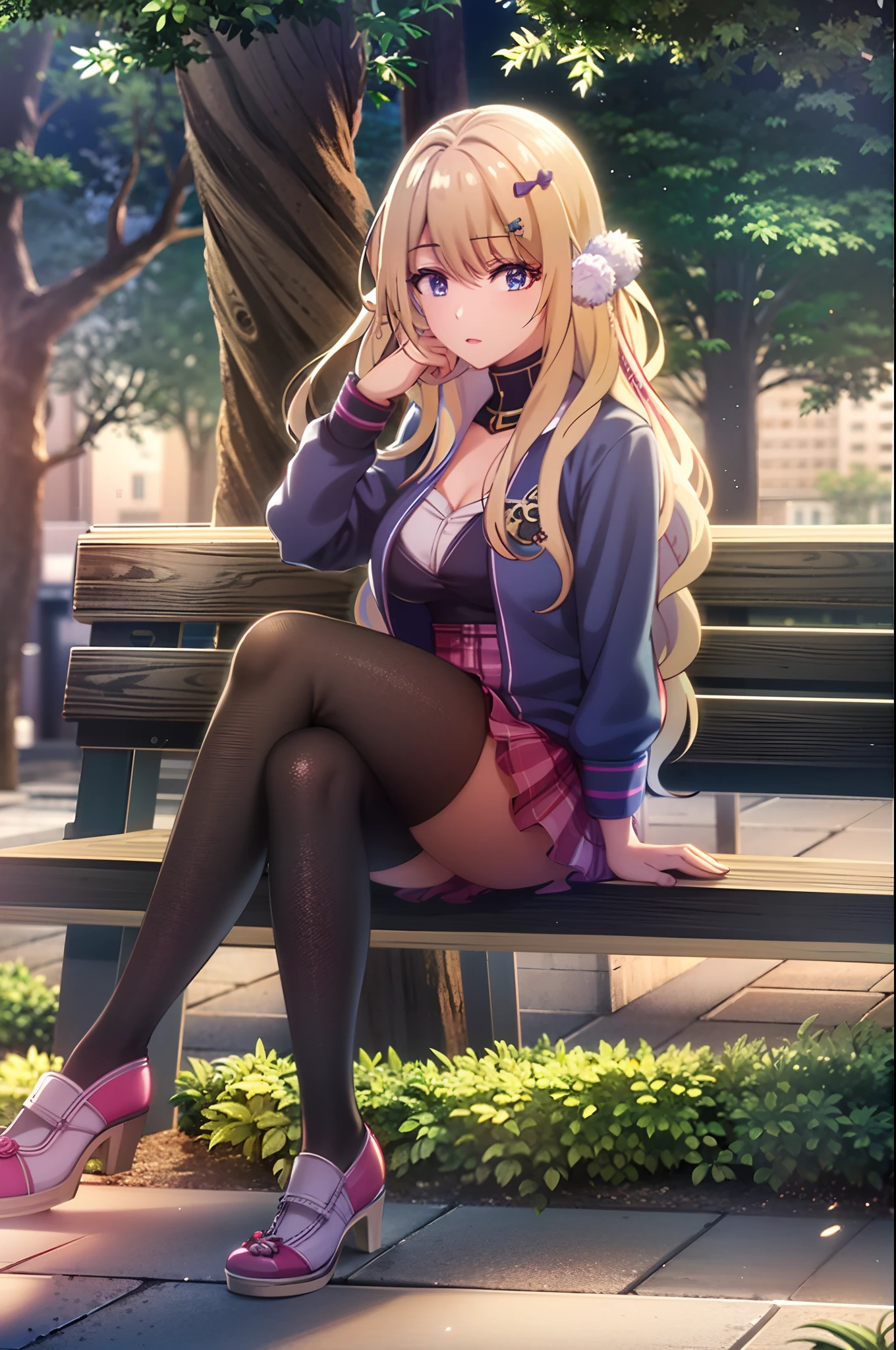 (Best quality,4K,8K,A high resolution,Masterpiece:1.2),Ultra-detailed,(Realistic,Photorealistic,photo-realistic:1.37),Anime girl in the park,sitting on a bench， seductive anime girls, Cute girl with anime visuals, Smooth anime CG art, Top anime girls, long-haired blonde anime girl, Beautiful and seductive anime teenager, attractive anime girls, style of anime, Anime goddess, anime visual of a young woman, Anime art style from Pixiv, Artwork featuring Pranley Soru - Pixiv, Vibrant colors, Dynamic lighting