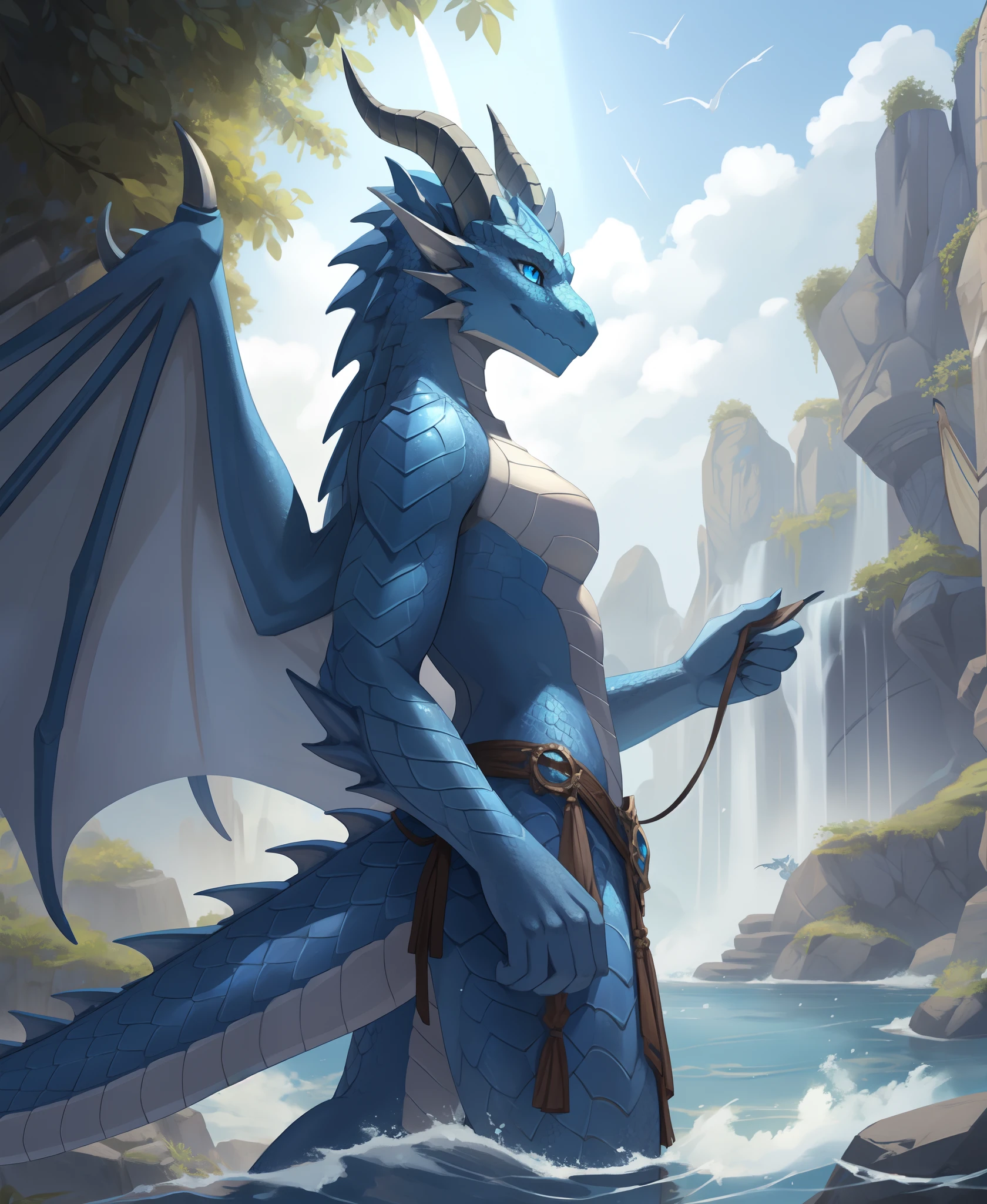 1girl, solo, masterpiece, ultra detailed, blue dragonborn, scales, tail, wings, horns, light blue eyes, outdoors, standing, medium shot, worldofwater