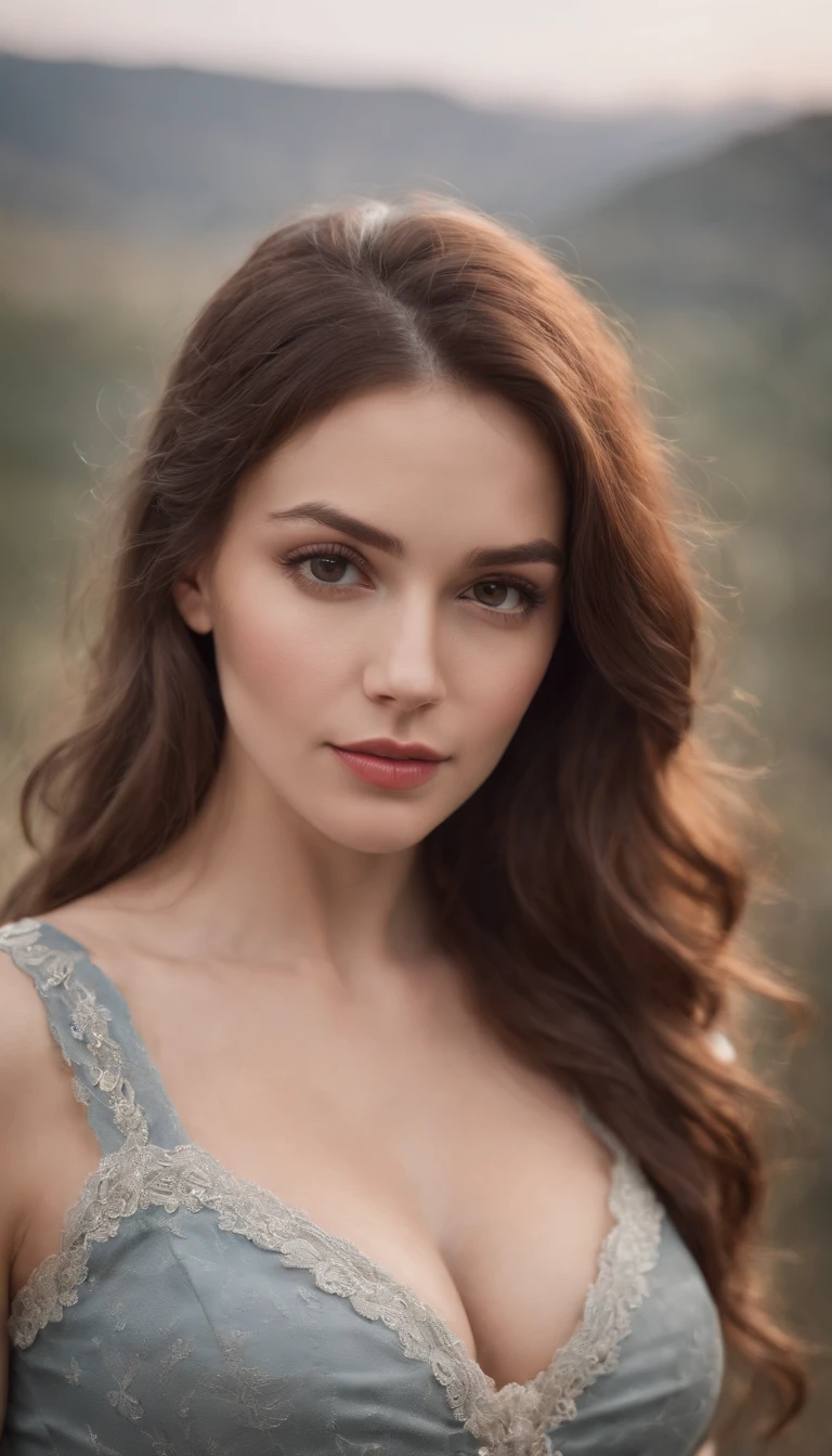 Model with ideal western features and large breasts posing for a portrait