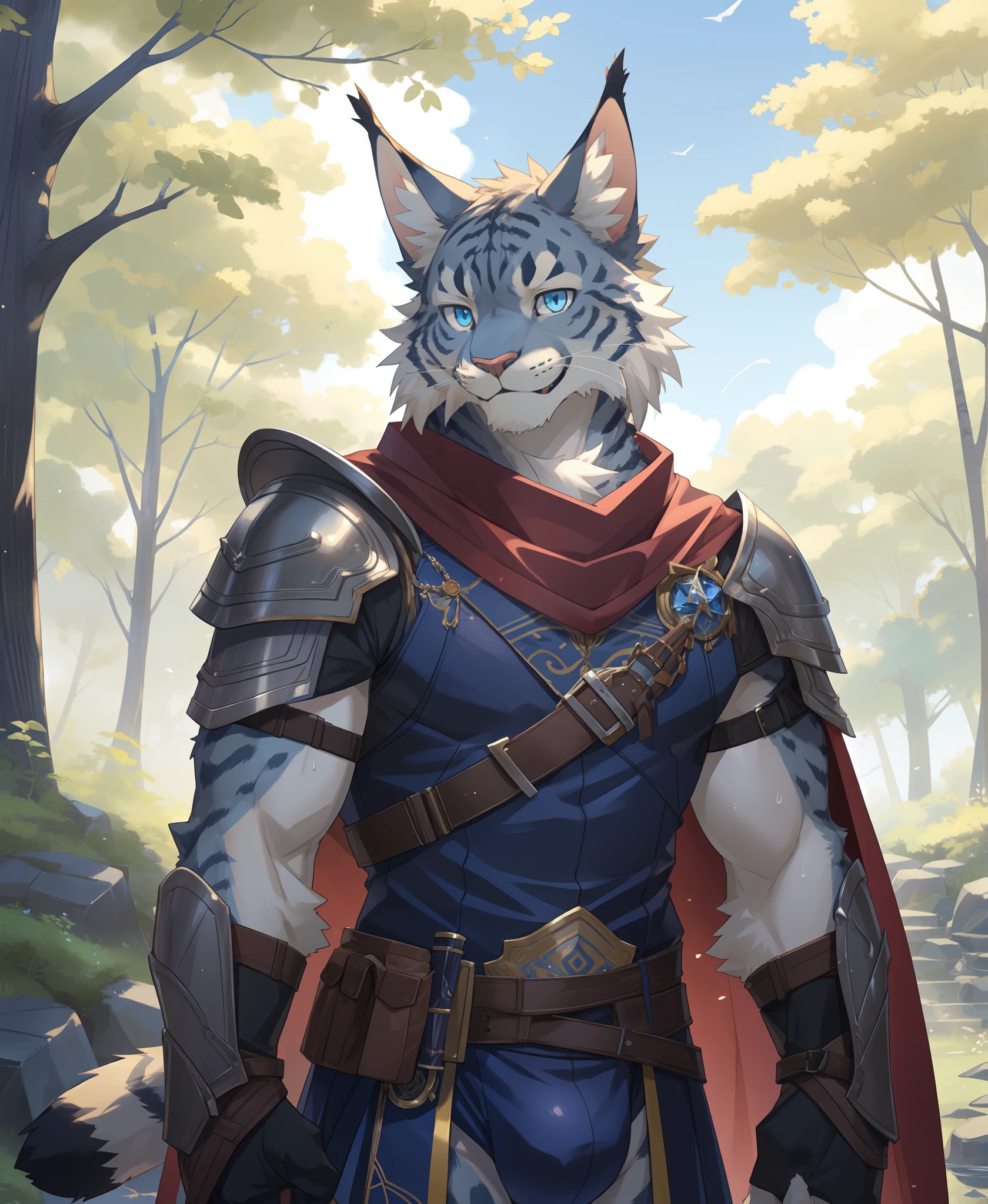 masterpiece, best quality, detailed background, looking at viewer, loraeyes, detailed eyes, by kokuhane, by cotora, by pngx, by zackary911, by kiguri, by ruan jia, by t.y.stars,
felid, feline, lynx, mammal, (bust portrait),
anthro, armor, belt, blue eyes, bulge, cape, claws, fur, jewelry, male, nature, outside, plant, shoulder guard, smile, solo, spotted body, spotted fur, sweat, smile, tree, unconvincing armor, underwear, white body, white fur, yellow body, yellow fur,