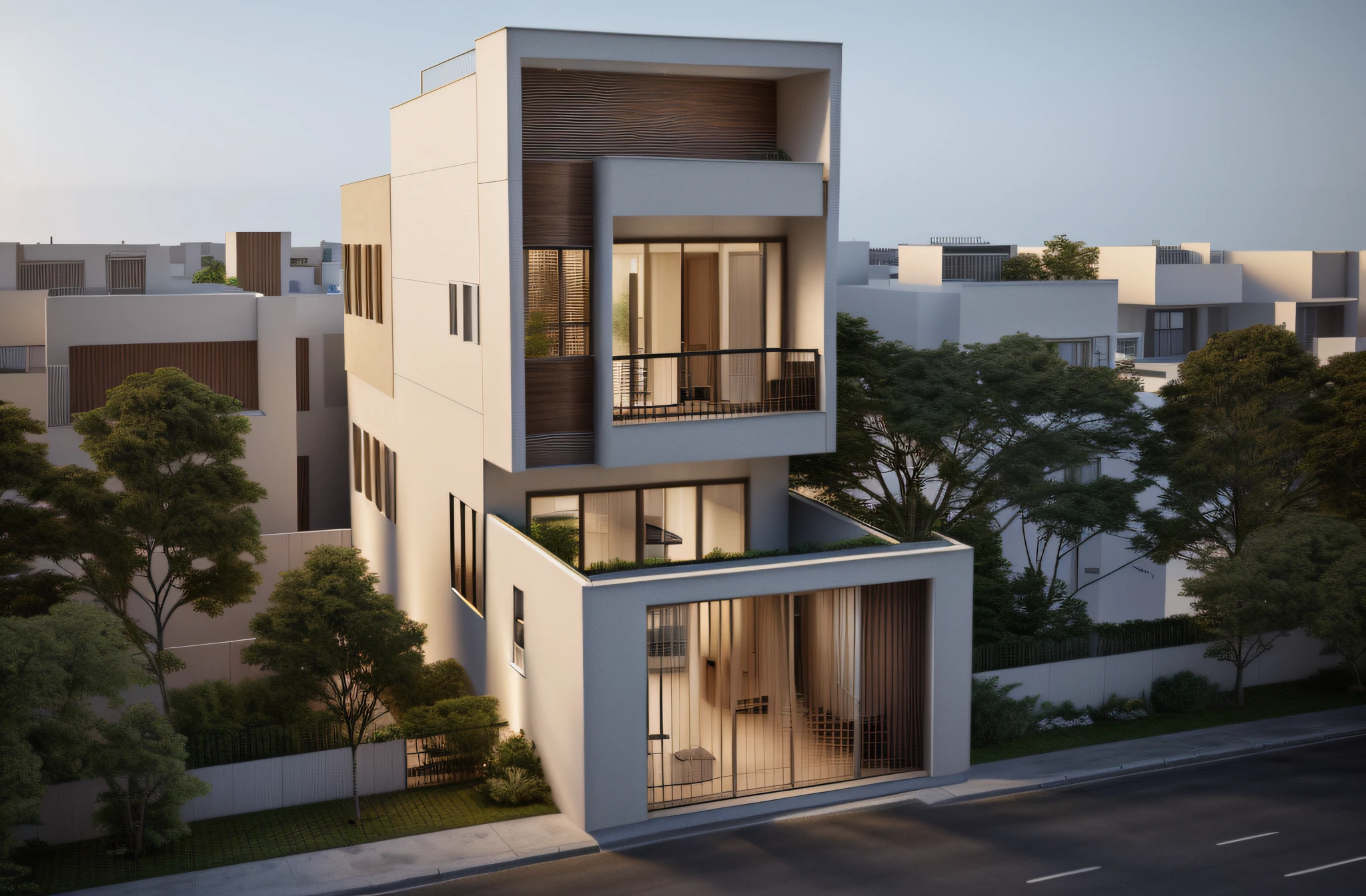 rendering of a modern residential townhouse, professional render, wide angle exterior 2023, highly detailed render, high quality rendering, realistic render, architectural render, high-quality render, detailed rendering, hyper-realistic render, hyper - realistic render, very realistic 3 d render, high render, realistic rendering, very realistic render