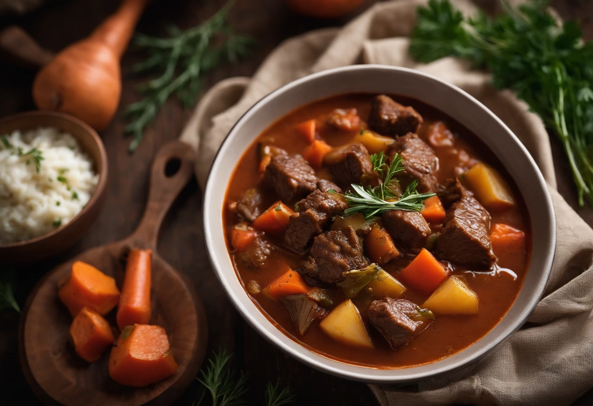 Food photography of goulash is comforting, Delicious stew with tender beef chunks, carrots, and potatoes. With a wooden table and warm blankets as a backdrop，Creates a rustic and comfortable composition, Place the goulash in the foreground. Arrange beef, carrots, and potatoes highlight their texture and color in an appetizing way, Some fresh herbs are also added，Added green. Capture the stew from a slightly pitched angle, Show the hierarchy of ingredients，Create a sense of depth. Use soft, Diffuse lighting creates a warm and inviting atmosphere，Highlight the rich colors of the stew. Keep beef and vegetables in focus, While blurring the background slightly to create depth and intimacy. Adjust the colors to emphasize the warmth, Comfortable tones of stews, With rich brown and orange colors. Use medium contrast to create depth and clarity between different elements in an image. Maintain moderate saturation，to show off the natural color of the ingredients, While still adding a little dynamism. Make sure that beef is the sharpest element in the image, Draw the audience's attention to the main ingredients. Emphasis on heartiness, By using warm light and the natural texture of vegetables and herbs，Comfortable texture of stew - no cutlery - Chaos 2 - Stylized 1000 - V 5