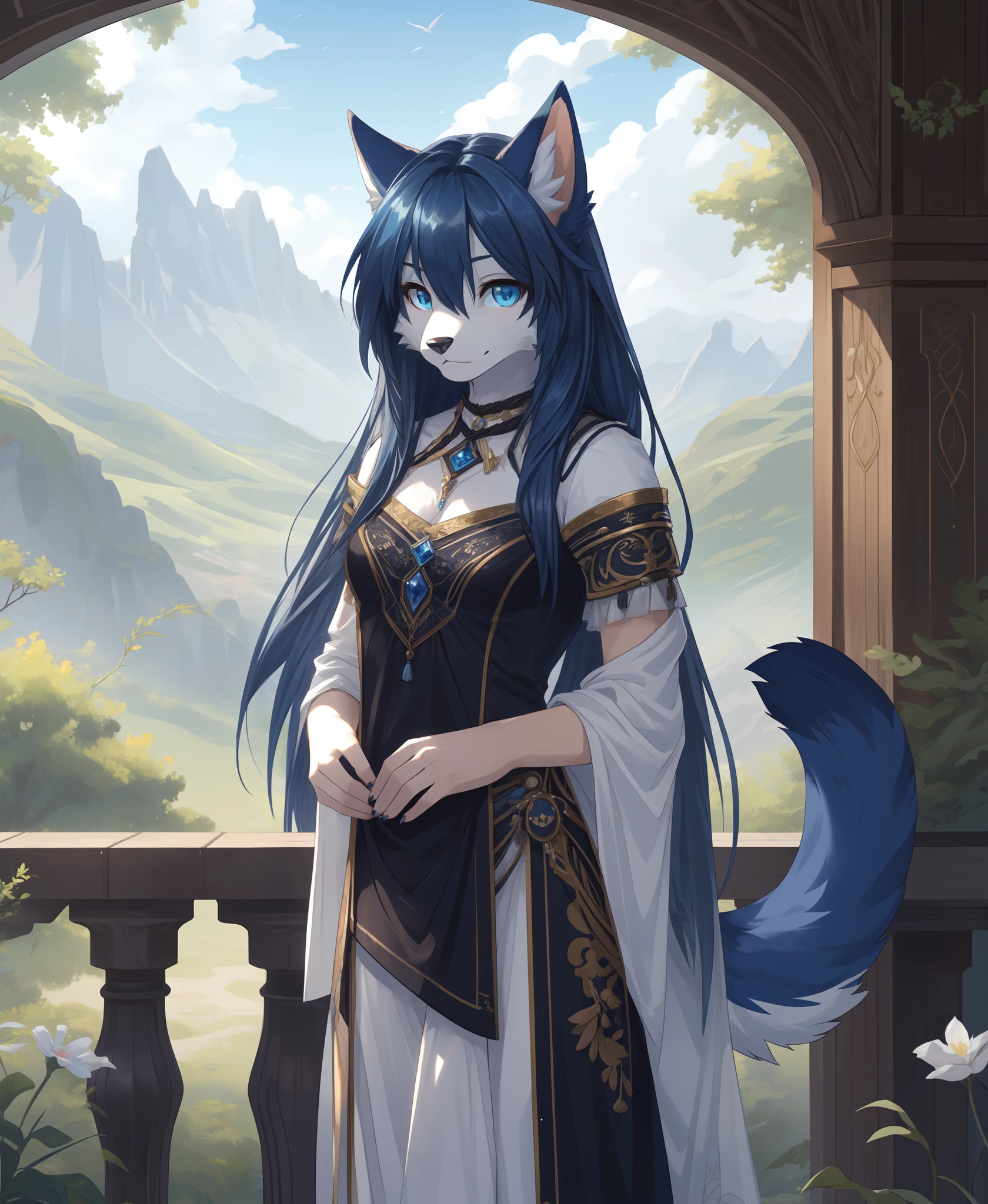 1girl, solo, masterpiece, ultra detailed, standing, scenery, (body fur:1.4), (fluffy:1.4), (furry:1.4), (anthro:1.4), long hair, dark blue hair, blue eyes, cat ears, hair over one eye, shy