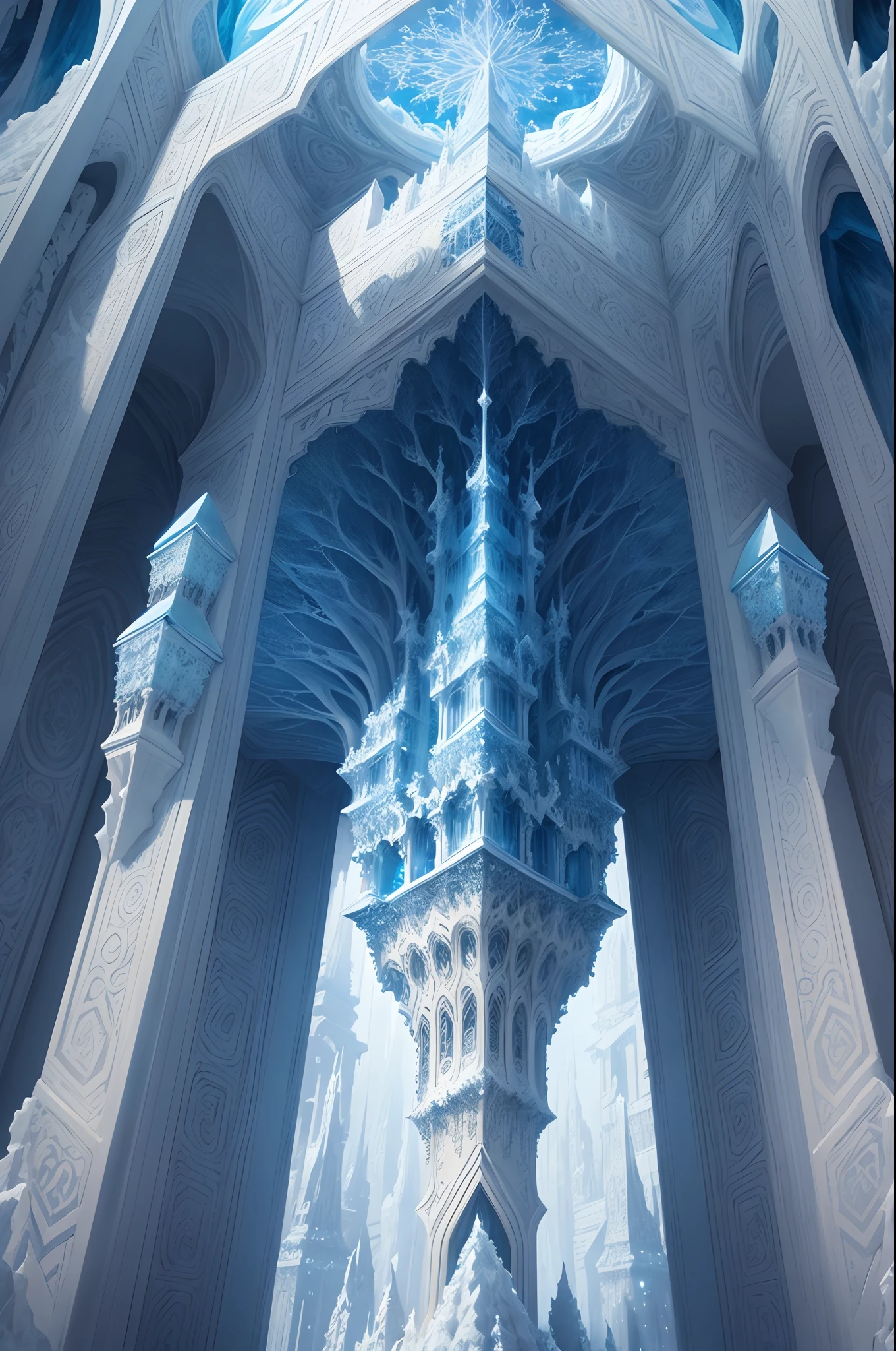 Masterpiece, top quality, best quality, official art, beautiful and aesthetic:1.2, extreme detailed, (fractal art:1.3) Behold the grandeur of the Ice Palace, a dwelling fashioned entirely from enchanted ice. The frigid air is strangely comfortable, and the crystalline architecture is a breathtaking testament to both beauty and resilience