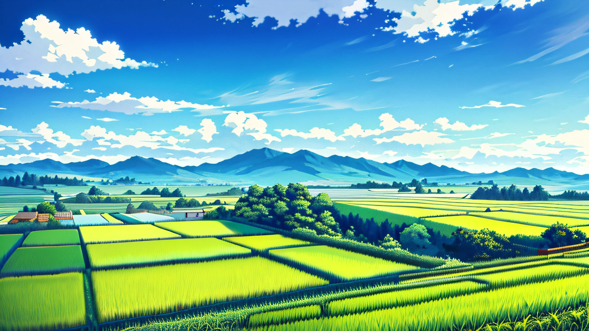 with blue sky and white clouds,autumnal,Green rice,ricefield,mont,Great view of the farmland
