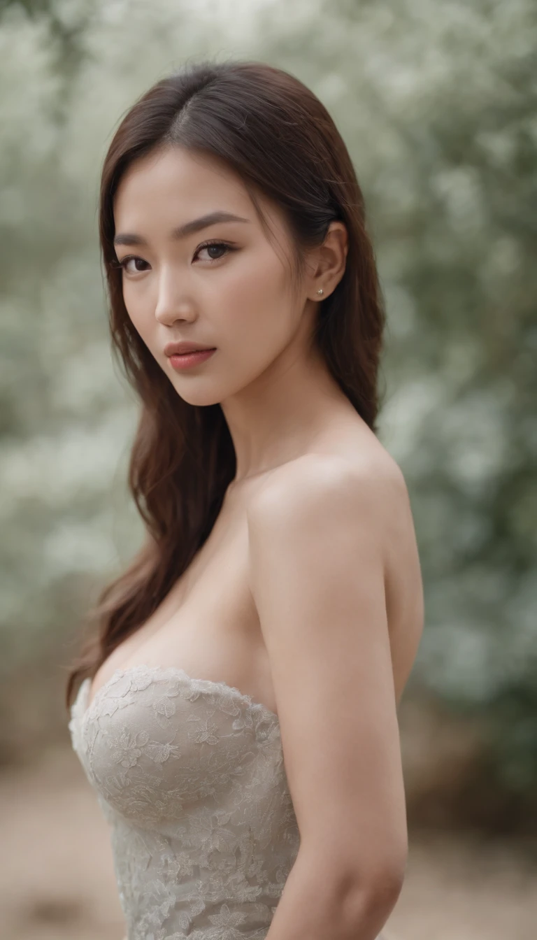 Model with ideal western features half asian and half white and large breasts posing for a portrait