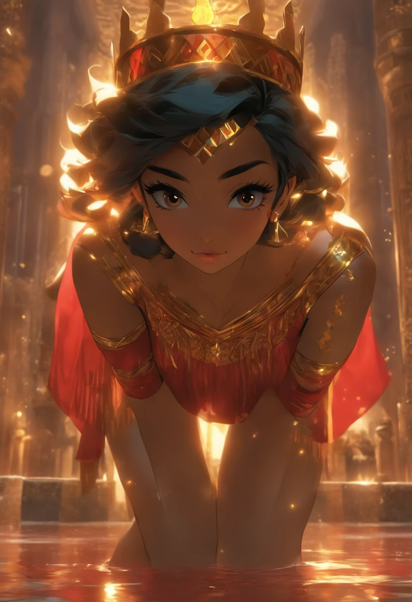 (((Phoenician goddess of sex))) Best quality, Ultra-high resolution, 4K detailed CG, master piece, 1 flight attendant, 独奏, White high heels, White transparent skinny shirt, pleated mini skirt, tmasterpiece, best qualtiy, realisticlying, ultra - detailed, (shiny skins, perspired:1.4), absurderes, looking at viewert, with short black hair, with brown eye,Slender,Dynamic light and shadow,A high resolution,Sharp focus, Sharp pupils, squatting pose,Black pantyhose,cleanness,Stockings,blackstockings,cropped shoulders,tiptoes,Dark red underwear ,((Persian crown)),Arabic painting style, Aesthetics, Beautiful image, Depth of field, Focus on the canvas
