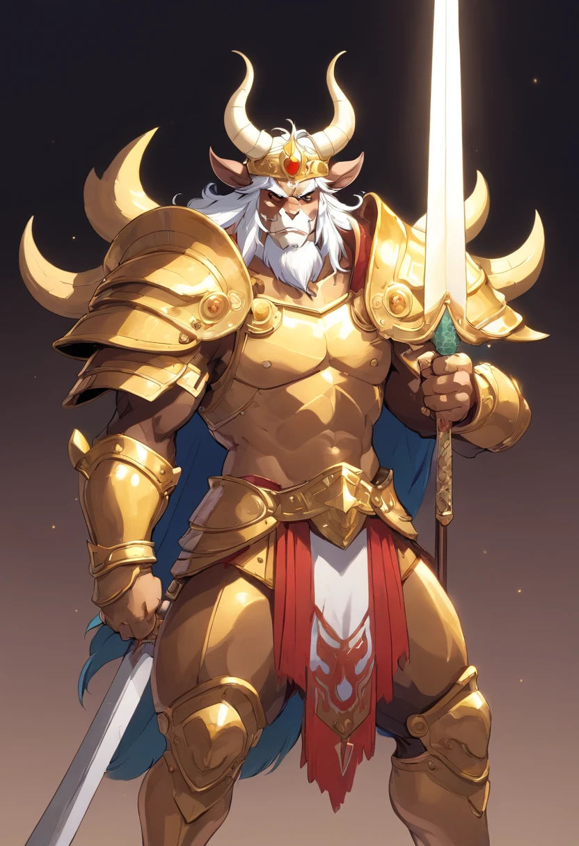 A Minotaur whose fur is white. He is a prince. He wears a simple gold crown and heavy armor. He wields a war-pick and a shield that has the sun and the moon on it. On his hip he has sheathed a sword whose blade glows the color of the moon