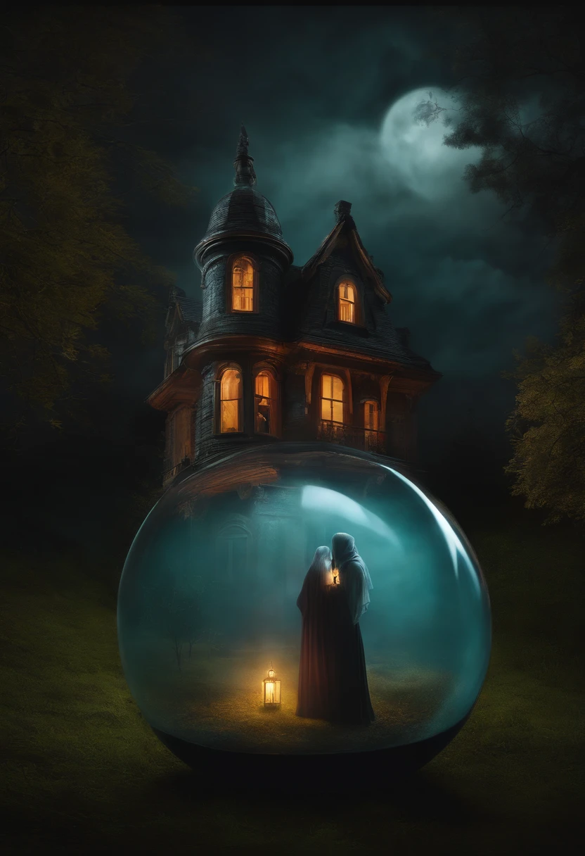 a haunted house , contain within a sphere glass bottle, Anthropomorphic a half body ghost in a candid pose wearing ghost clothes.