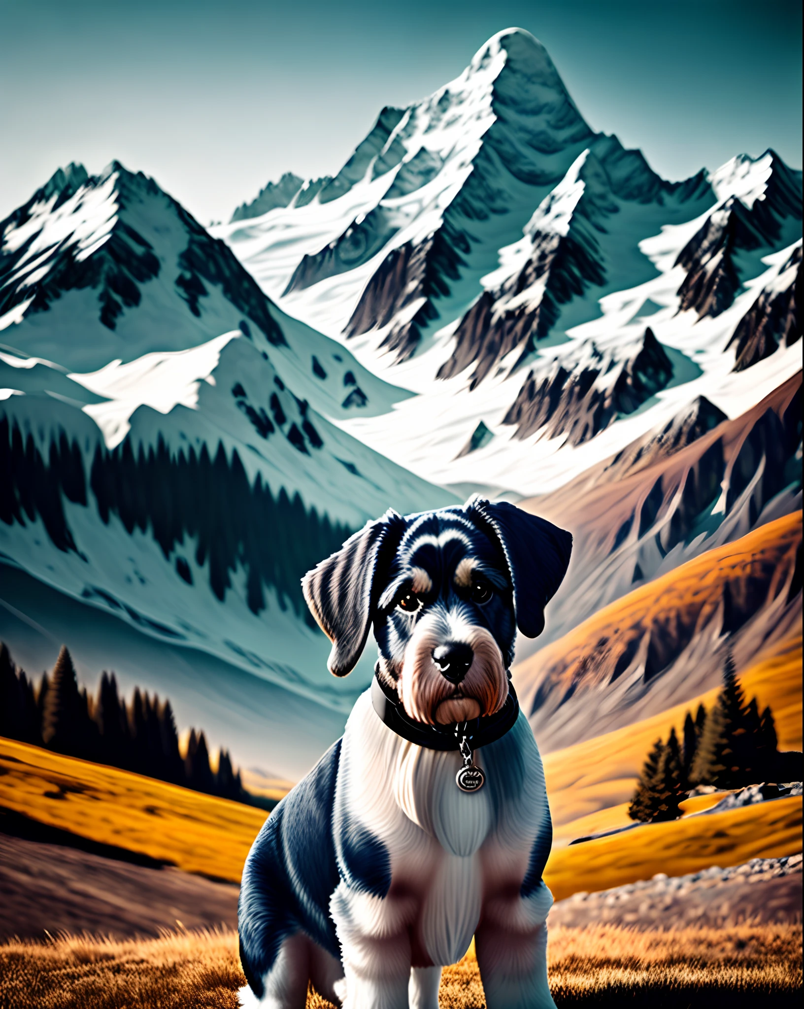 Mini schnauzer in front of alps