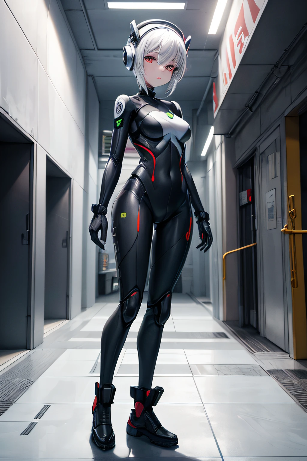 Female security guard robot guarding the inside of a building　The whole body is a machine　Helmet-shaped head　Ears are sensors　Chest Light　Under guard　Full body like, nffsw, retinas, masutepiece, ccurate, Anatomically correct, Textured skin, Super Detail, high details, High quality, awardwinning, Best Quality, hight resolution