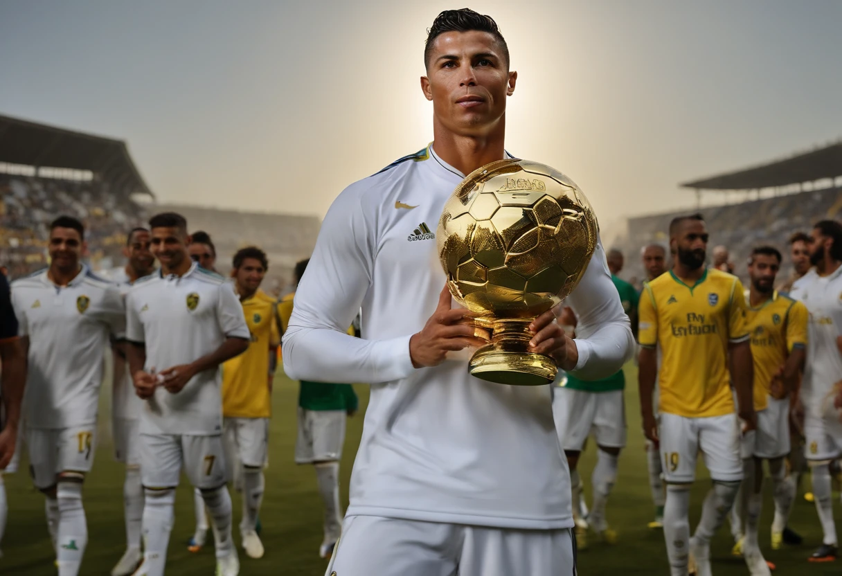 Ronaldo holding a trophy he won for Al Nassr soccer team