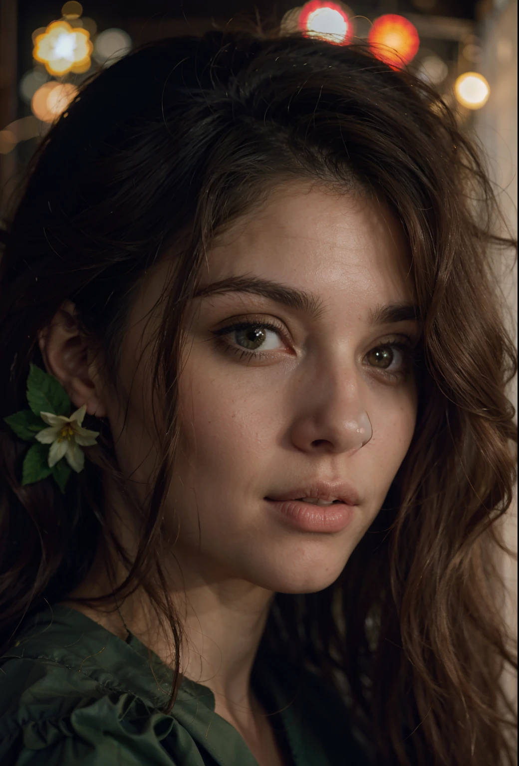 Garota de cabelo castanho e lidos, sardas no rostos, olhos de cor chamativo, olhos verdes, The background of the photo is flowery and escolar, mulher de pele parda, cabelo liso,cabelo castanho, olhos de cor chamativo, sarda no rosto, period dress, cabelo de longos cacheado