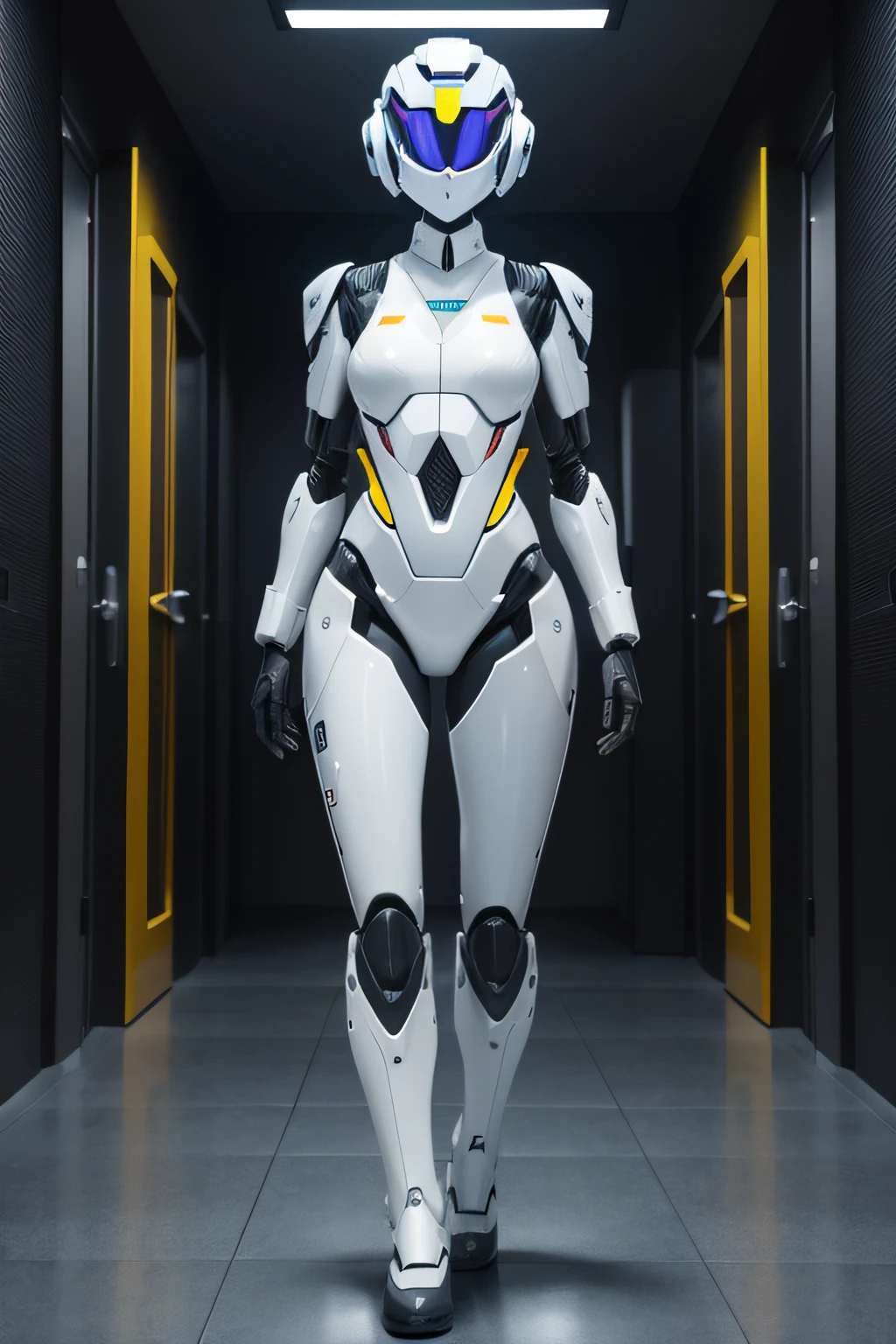 Female security guard robot guarding the inside of a building The whole body is a machine Helmet-shaped head Ears are sensors Chest Light Under guard Full body like, nffsw, retinas, masutepiece, ccurate, Anatomically correct, Textured skin, Super Detail, high details, High quality, awardwinning, Best Quality, hight resolution