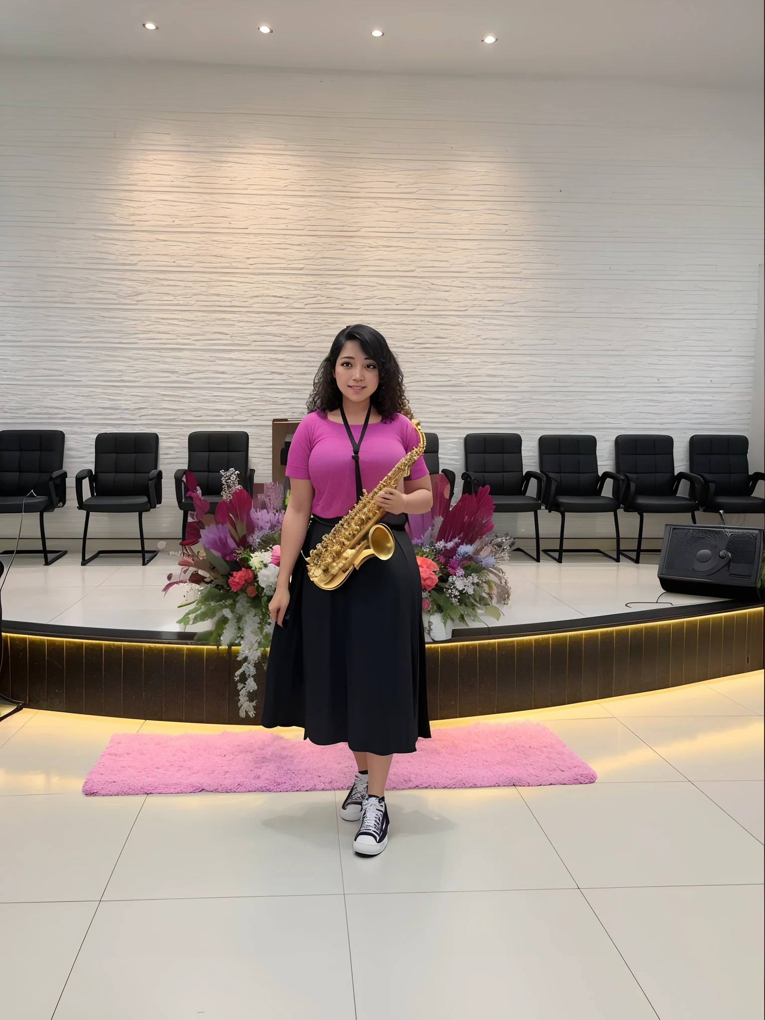 There's a woman standing in a room with a saxophone, saxofone, masterful composition!!!, artista desconhecido, Capturado na Canon EOS R 6, musician, Directed by: Jesus Mari Lazkano, recital, tirado no iphone 1 3 pro, tomada em 2 0 2 0, no palco, Capturado no iPhone, artista desconhecido, tirado no iphone 14 pro, na igreja